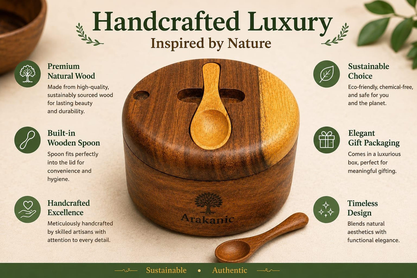 Arakanic Premium Wooden Salt Cellar with Lid & 2 Spoons – Handmade Hardwood Salt Box with Kitchen Salt Container for Sea Salt, Spices & Seasoning – Elegant Kitchen Decor