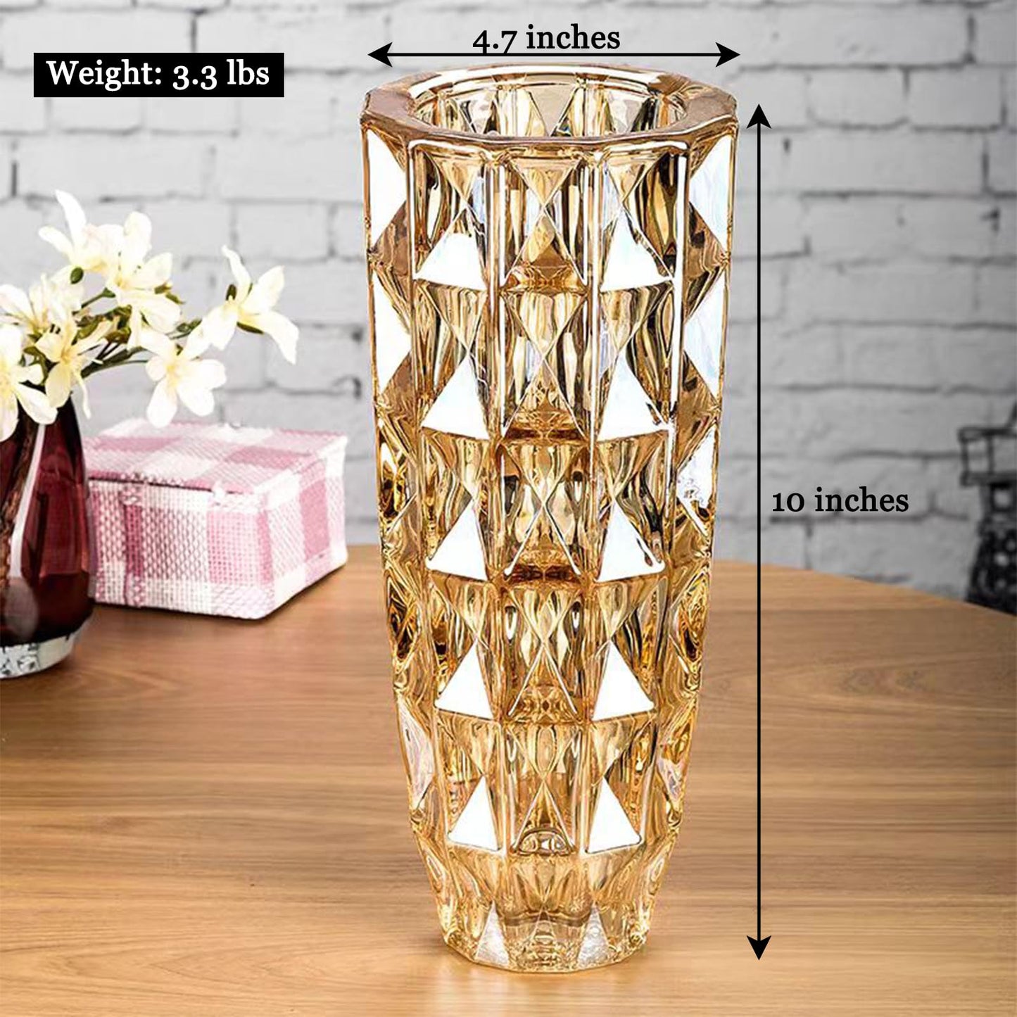 GIDARY Tall Vase,Large Vase, Clear Glass, H 10 inch,Weighs 3.3 LB,Heavy Diamond Check Pattern Crystal,for Home Decor,Bookshelf Decor,for Centerpieces (Amber)