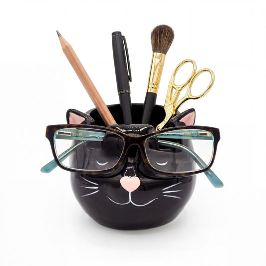 Luvberries Cat Glasses Holder Stand and Vase - Black Cat Ceramic Sunglasses and Eyeglasses Stand Cat Lady Gift Display and Decor Organizer for Desk Accessories and Stationery Items