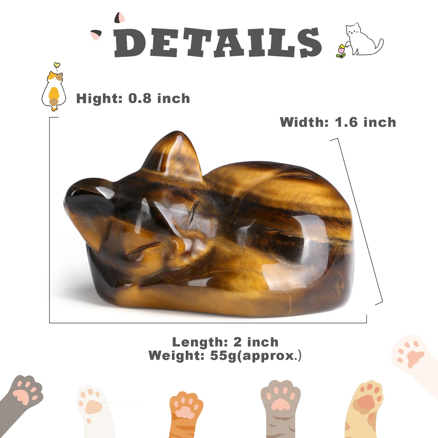 YATOJUZI 2" Cat Decors Statue Tiger's Eye Crystals Sleeping Cats Decor Hand Carved Cute Animal Statues Figurines Crystal Decor Room Home Office Desk Decorations Cat Gifts for Women