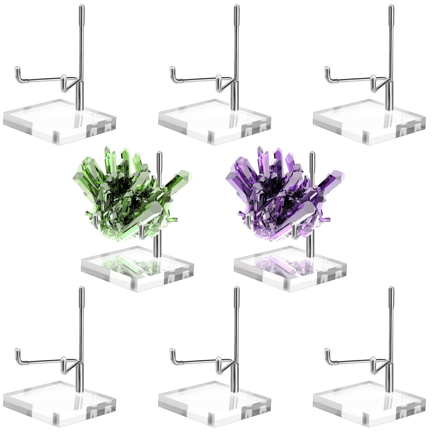 Tolare 6 Pcs Rock Display Stand with Acrylic Base, Adjustable Metal Arm Crystal Display Stand, Silver Small Holder for Gemstones, Fossils, Crystal, Minerals, Agate(2.4 X 2.4 X 4.1 Inches)