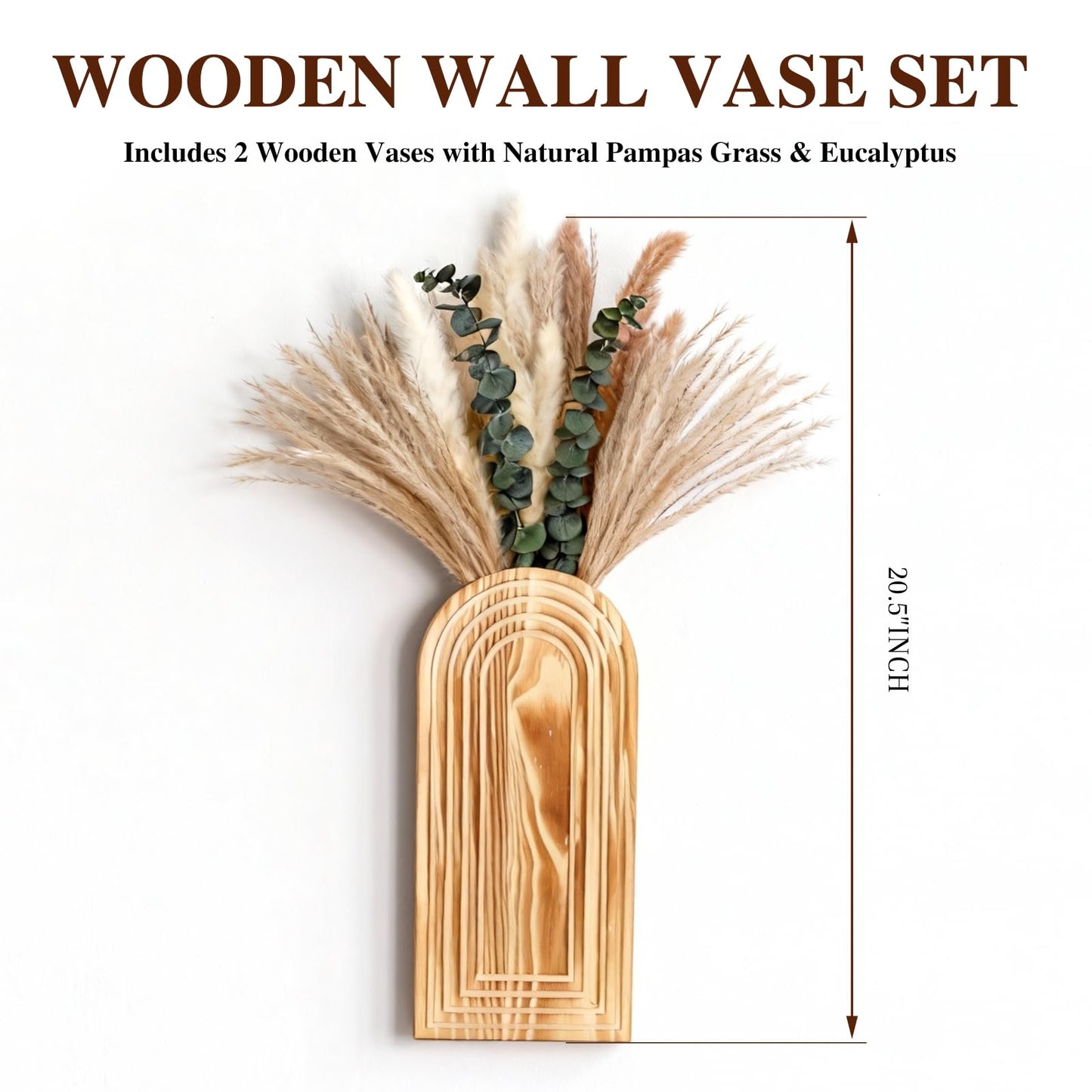 Wooden Wall Vase Set of 2 with Dried Pampas Grass & Eucalyptus – Boho Farmhouse Wall Decor for Living Room, Bathroom, Entryway or Hallway, Rustic Modern Wooden Wall Art