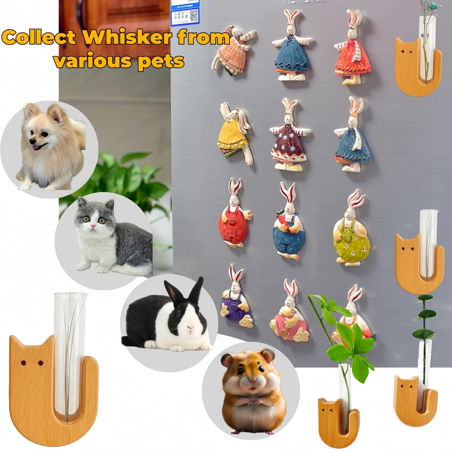 Ghzchuang 2Pcs Cute mini Glass Tube Flower Vase Magnets - Cat Whisker Holder,Tiny vase Fridge Magnets,Wooden Magnetic Cute Flower Vase,Suitable for Fresh Flowers,Herbs and Various Green Plants