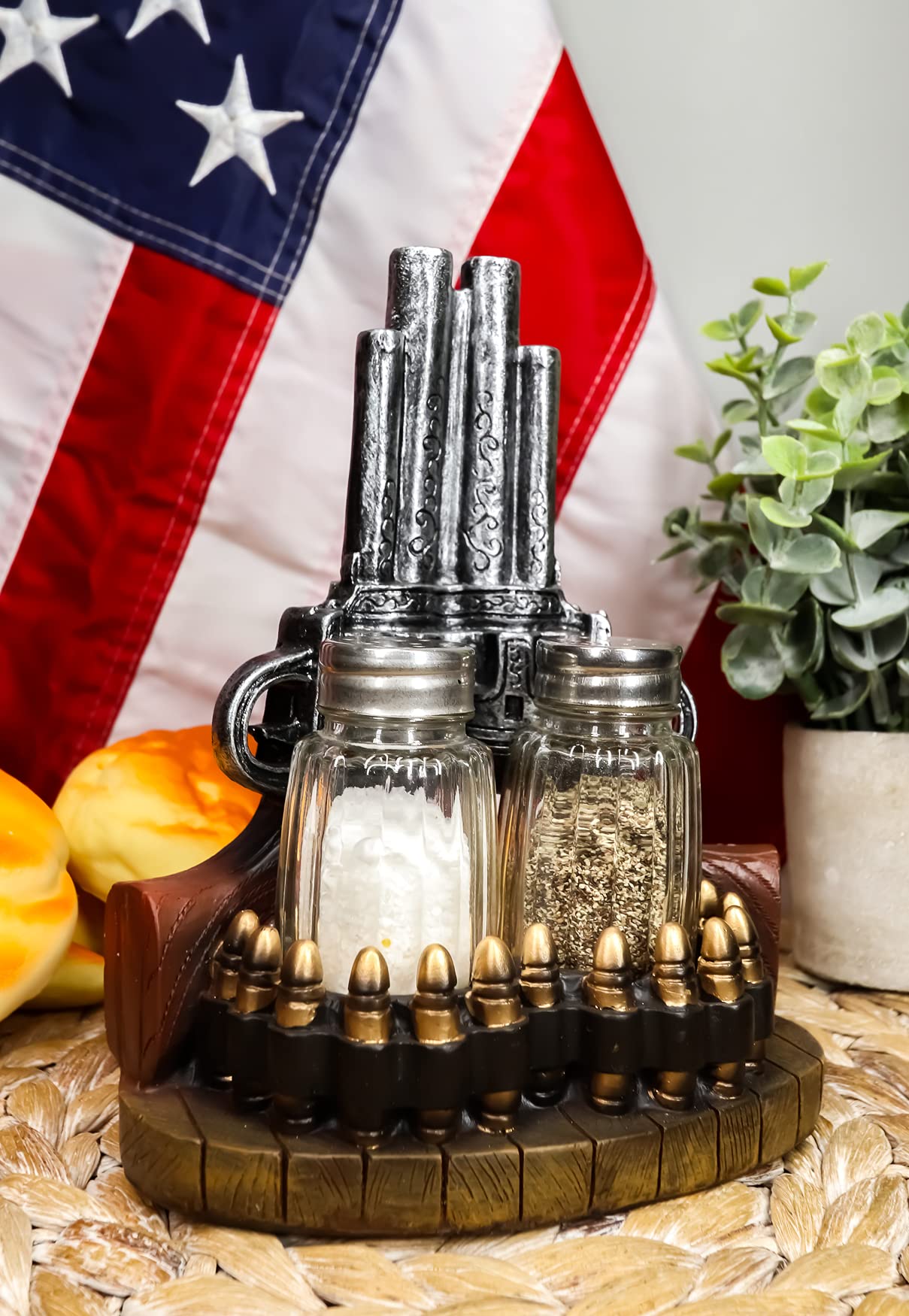 Ebros Rustic Western Wild Wild West Revolver Six Shooter Pistol With Bullet Rounds Decorative Salt And Pepper Shakers Set Figurine Holder With Glass Shakers Cowboy Cowgirl Kitchen Bar Dining Accent