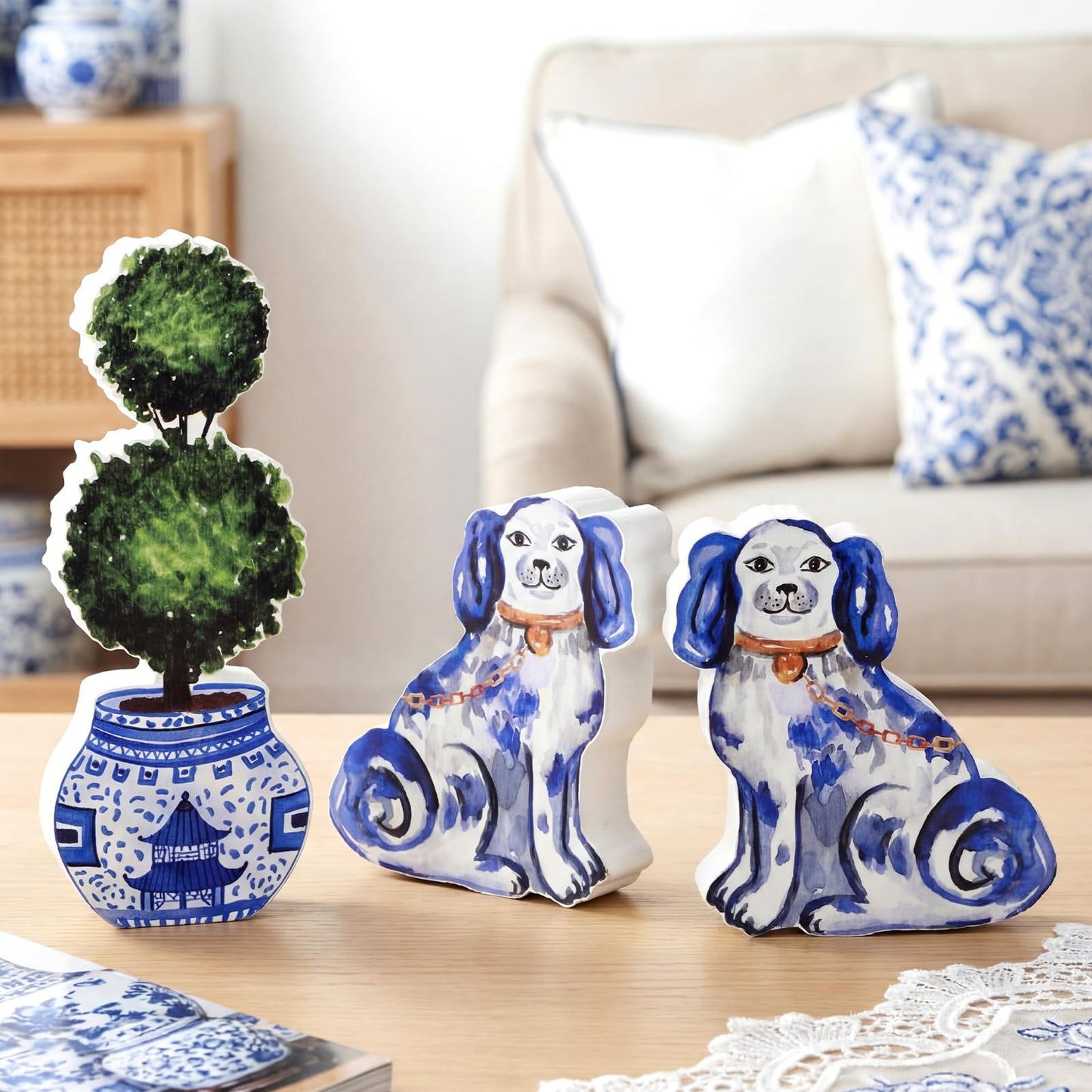 Summer Home Decor Blue and White Chinoiserie Blue and White Chinoiserie Staffordshire Dog Topiary Wooden Sign Small Figurines Rustic Tiered Tray Tabletop Centerpiece for Kitchen Mantel Shelf