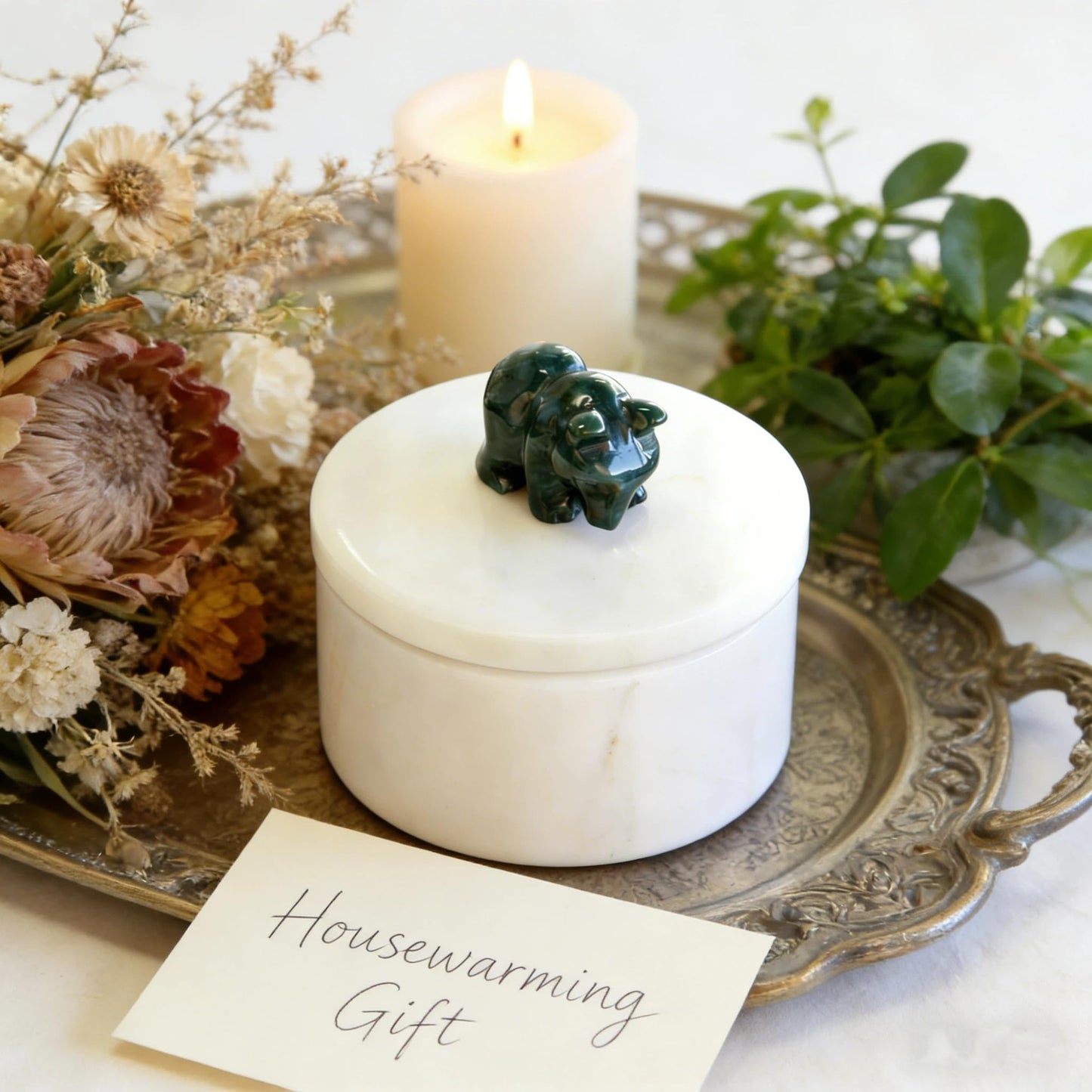 Homestia Marble Salt Cellar with Lid 4" White Marble Salt Keeper Green Bear Gemstone Knob, Natural Stone Spice Jar for Kitchen Counter, Modern Salt Bowl Pepper Holder Gift