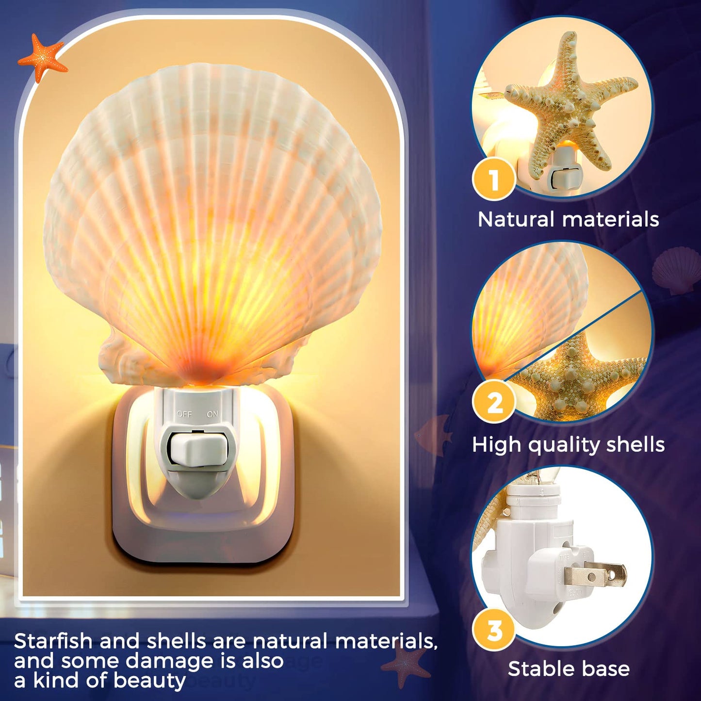 Hortsun 2 Piece Seashell Night Light Seashells and Sea Animal Plug in Night Light Beach Theme Bathroom Decor for Bedroom Bathroom Kitchen Home Decor