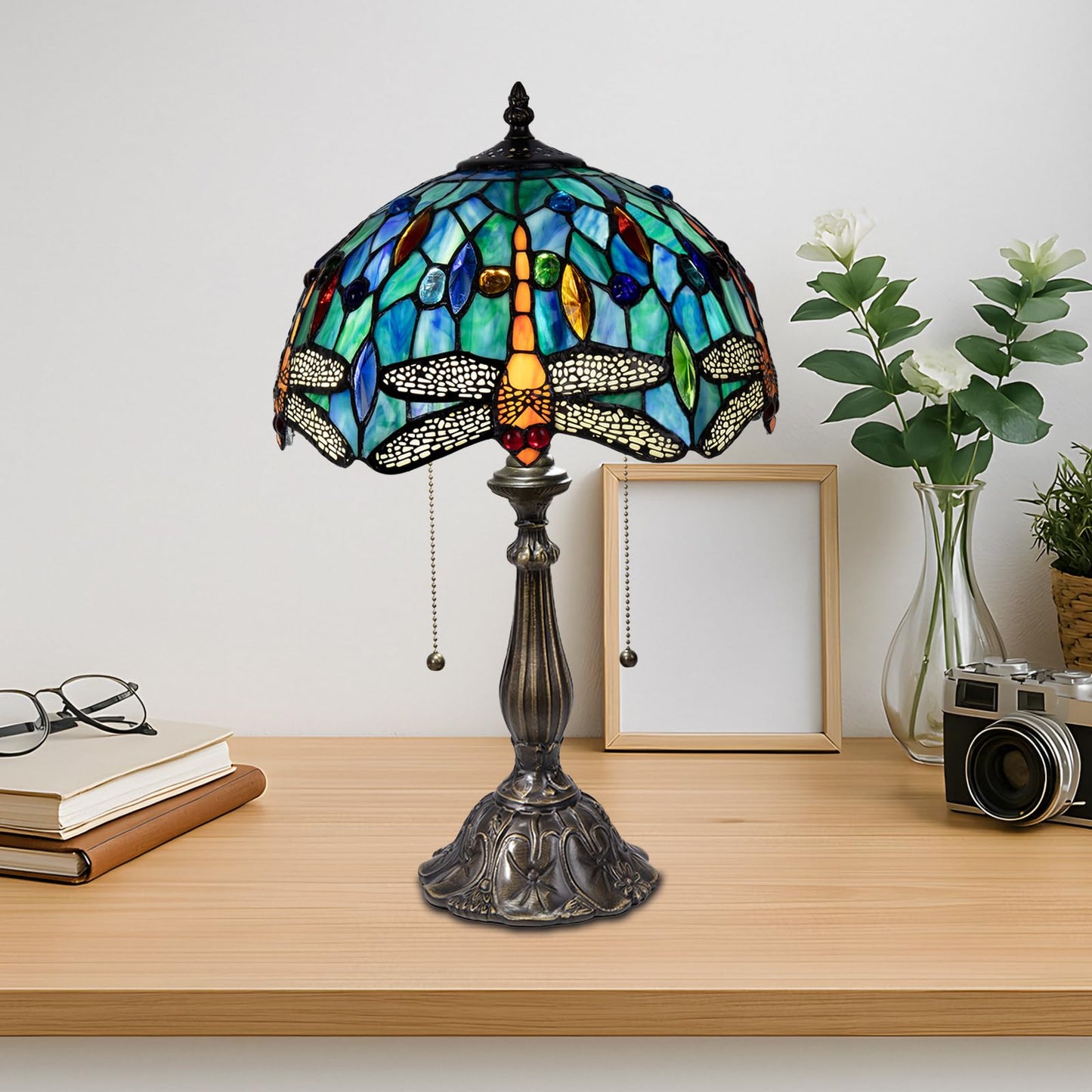 Radtiff Tiffany Table Lamp,12 inch Stained Glass Style Dragonfly Antique Reading Light for Bedside Living Room Office Decor Home,Included Two LED Bulb