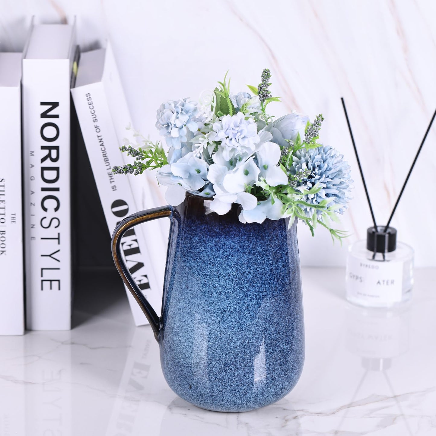 Blue Ceramic Pitcher Vase, Water Pitchers with Handle,For Modern Rustic Farmhouse Vase Home Decor,Cute Small Ceramic Vases,Entrance Decoration and Centerpieces for Dining Table Decor (Blue)