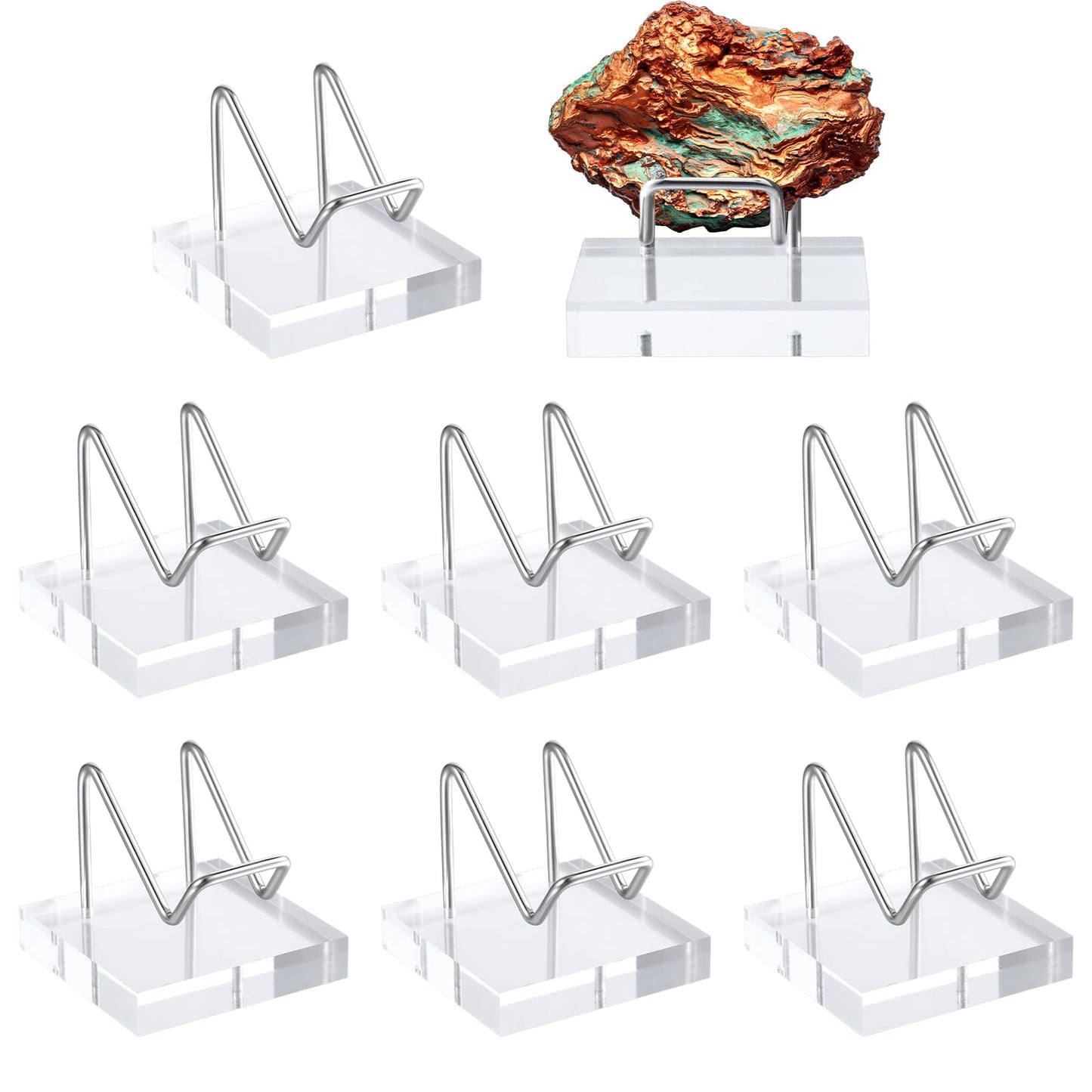 HOFURME 8 Pcs Rock Display Stand, Crystal Stands for Display with Metal Arms & Acrylic Base, Rock Stand for Minerals, Geodes, Agate Chips, Art Pieces (Silver)