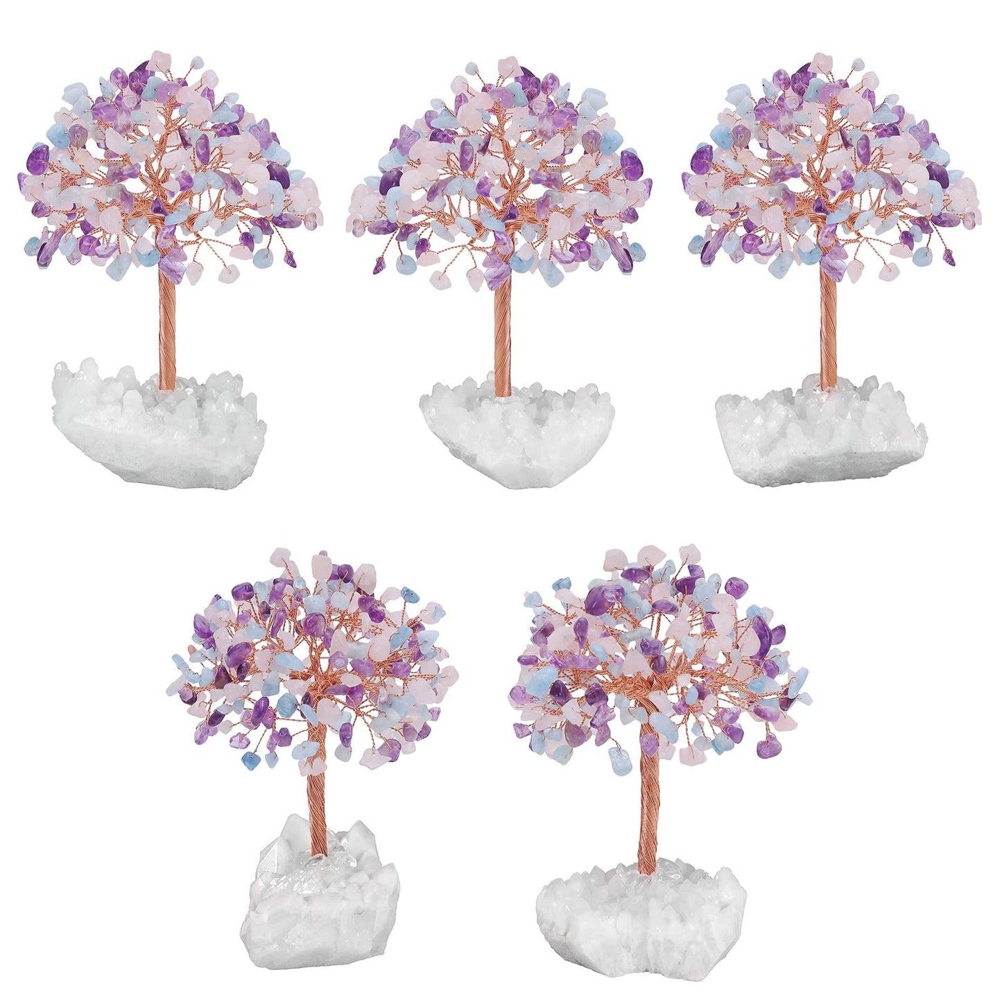 SUNYIK Handmade Amethyst Rose Quartz Aquamarine Money Tree Set on Rock Quartz Cluster Base, Wire Wrapped Tree of Life Polished Chip Stones Tree Decor Statue Home Office Window