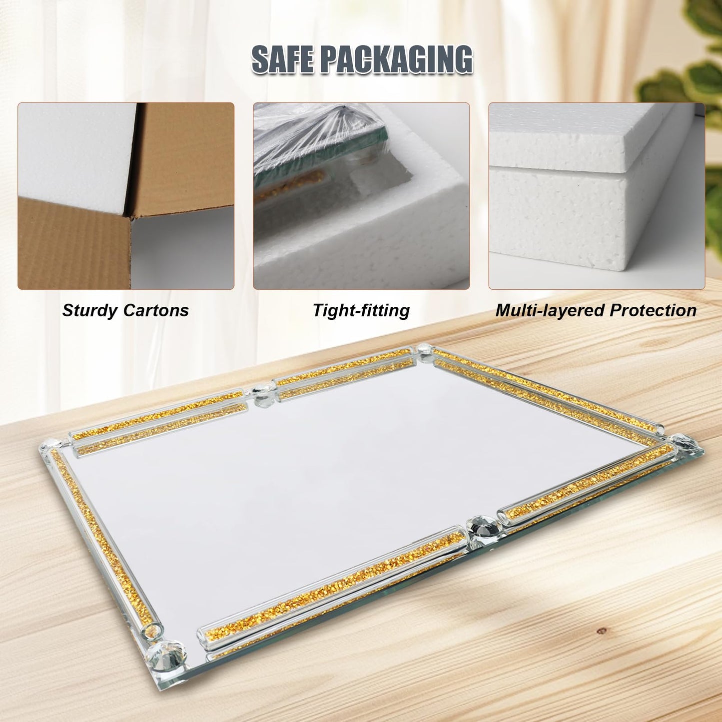 YCWF Large Mirror Perfume Tray for Dresser,Crushed Diamond Filled Glass Vanity Tray,Gold Decorative Bathroom Tray,Crystal Tray for Home Decorative,Party,Hotel Banquet,15.7x11.8x1.4inch,Gold