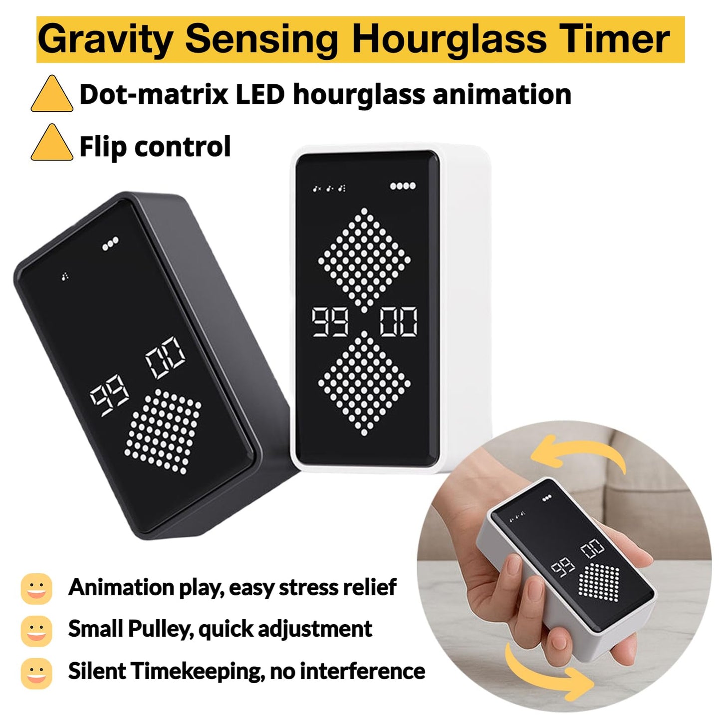 Gravity Sensing Digital Hourglass Timer,Magnetic Sand Visual Timer with 1-99 Min Adjustable Time,Large LED Display, Rechargeable,Volume/Mute Alarm for Classroom,Cooking,Kids,Study,Work,Kitchen (Black)