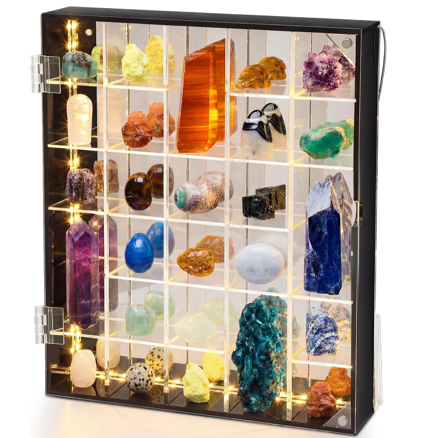 Cinnvoice Rock Display Case LED Adjustable Acrylic Display Case with Mirrored Crystal Organizer for Collectible, Mineral Crystal, Stones, Wall Mount, Magnetic Door