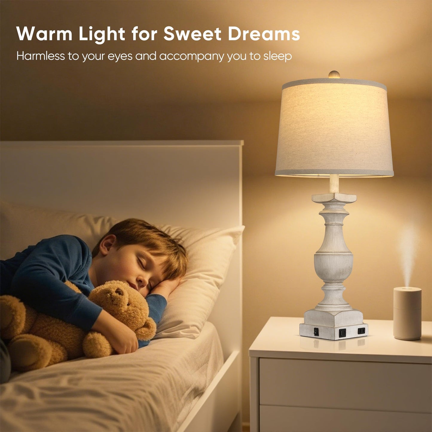 28'' Washed White Table Lamp for Bedroom Nightstand, Vintage Bedside Lamp with USB A+C Port, Farmhouse Desk Lamp with Linen Shade Set of 2, Traditional Nightstand Lamp, Rocker Switch,Bulb Included