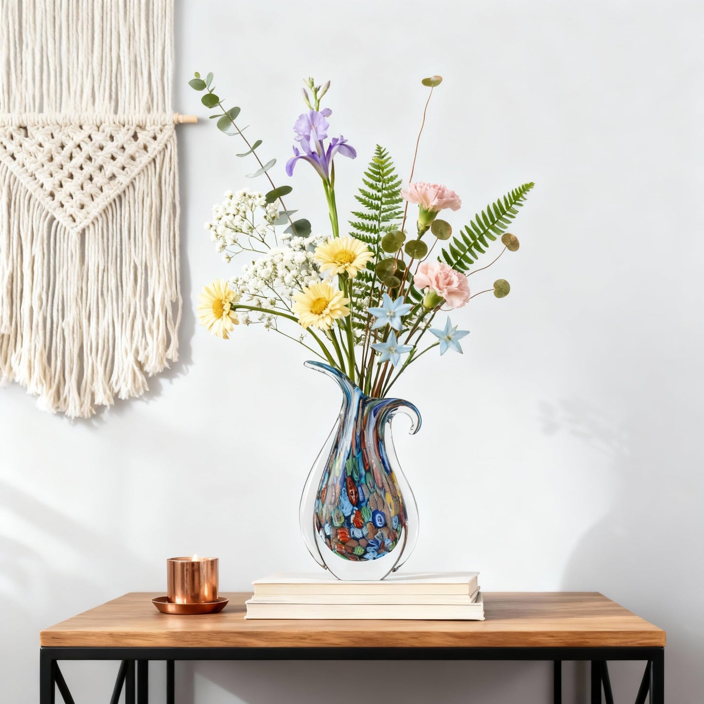 Blown Glass Painted vase, a Unique Murano-Style Glass Decorative Art Piece, Suitable for Living Room TV cabinets, Dining Table Arrangements, Offices, Rooms, and Tabletop Decorative Accents. (Blue)