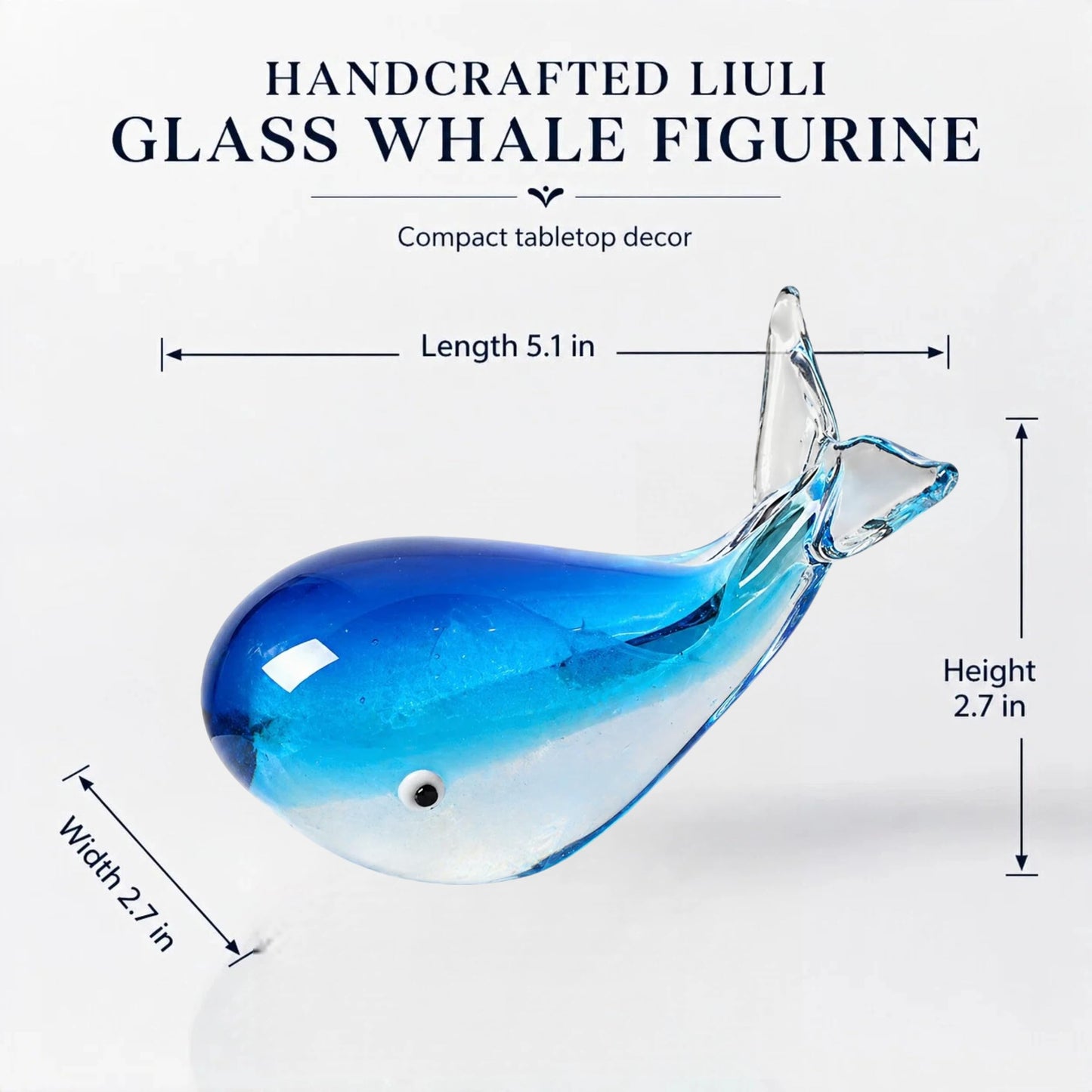 Tisuvimy Hand Blown Glass Whale Figurine, Blue Art Glass Whale Sculpture Ocean Animal Collectible, Decorative Glass Whale Statue for Home Office Desk Shelf Coastal Decor Gift (Light Blue)
