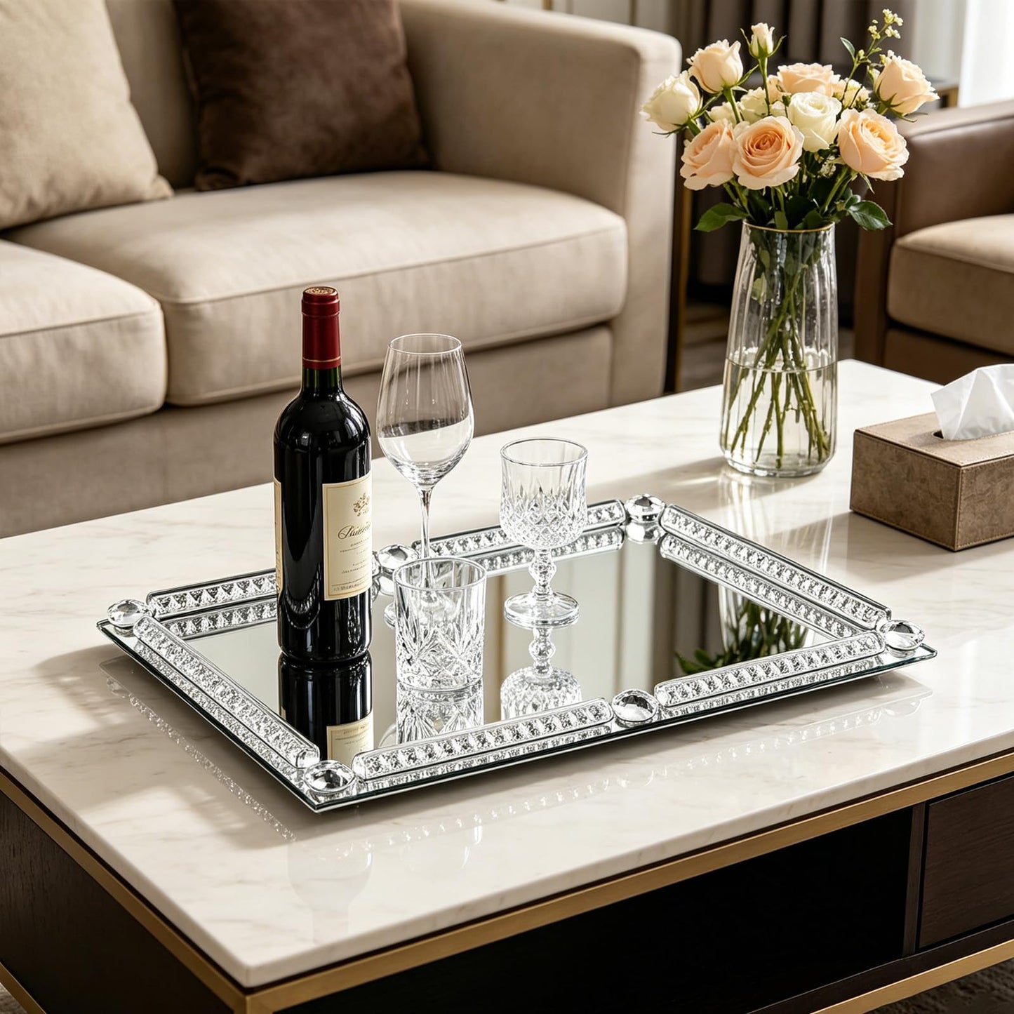 Large Silver Mirror Crystal Perfume Tray, Crushed Diamond Filled Glass Vanity Jewelry Trinket Trays, Cosmetic Makeup Vanity Organizer, for Home Decorative, Party, Hotel Banquet, 15.7" x 11.8"