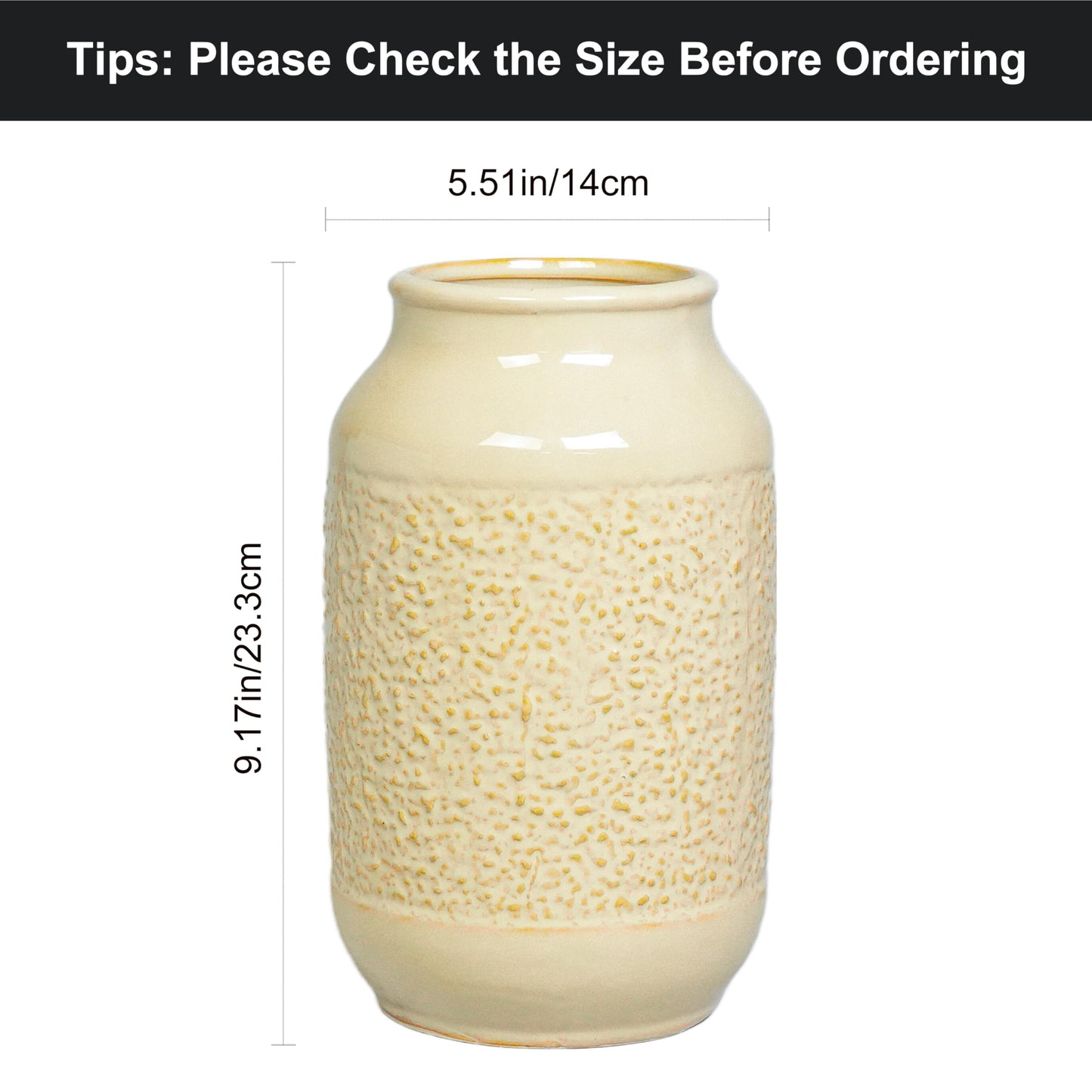 Wancetang Beige Ceramic Vase for Flowers - 9 Inch Textured Cream Vase for Pampas Grass, Modern Farmhouse Vases for Home Decor, Table Centerpiece, Shelf, and Mantle Decor