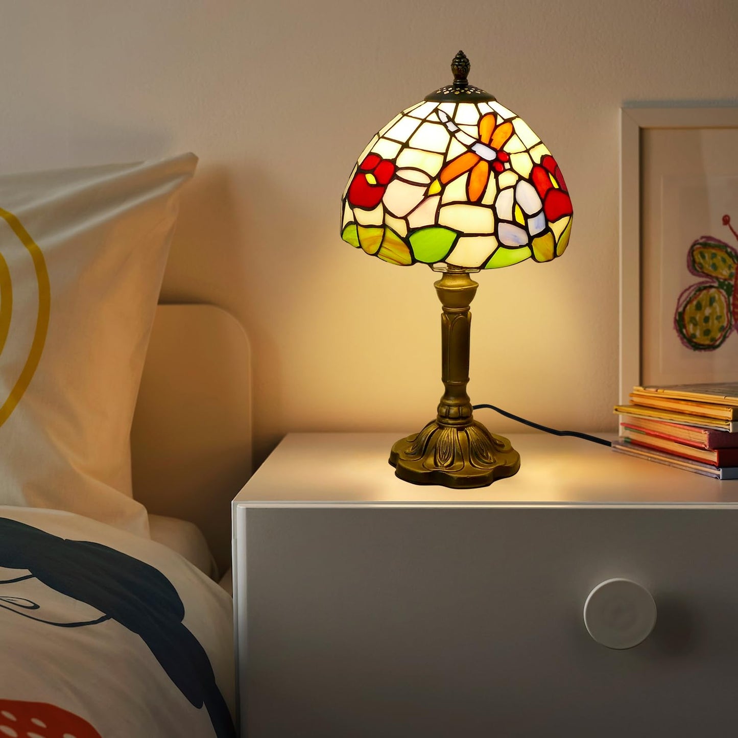 VirtueKing Tiffany Table Lamp Beautiful Dragonfly and Flower Style Lamp Handmade Stained Glass Desk Lamps Gifts Resin Base 14.2" Tall Vintage Reading Lamp for Office,Living Room, Bedroom, Study Room