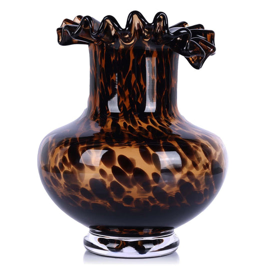 Amber Glass Vase – Tortoise Shell Design, Elegant Home Décor, Unique Centerpiece for Living Room, Office, Wedding Gifts, Art Glass Vase, Round Decorative Vase, Tortoise Shell Home Décor (S)