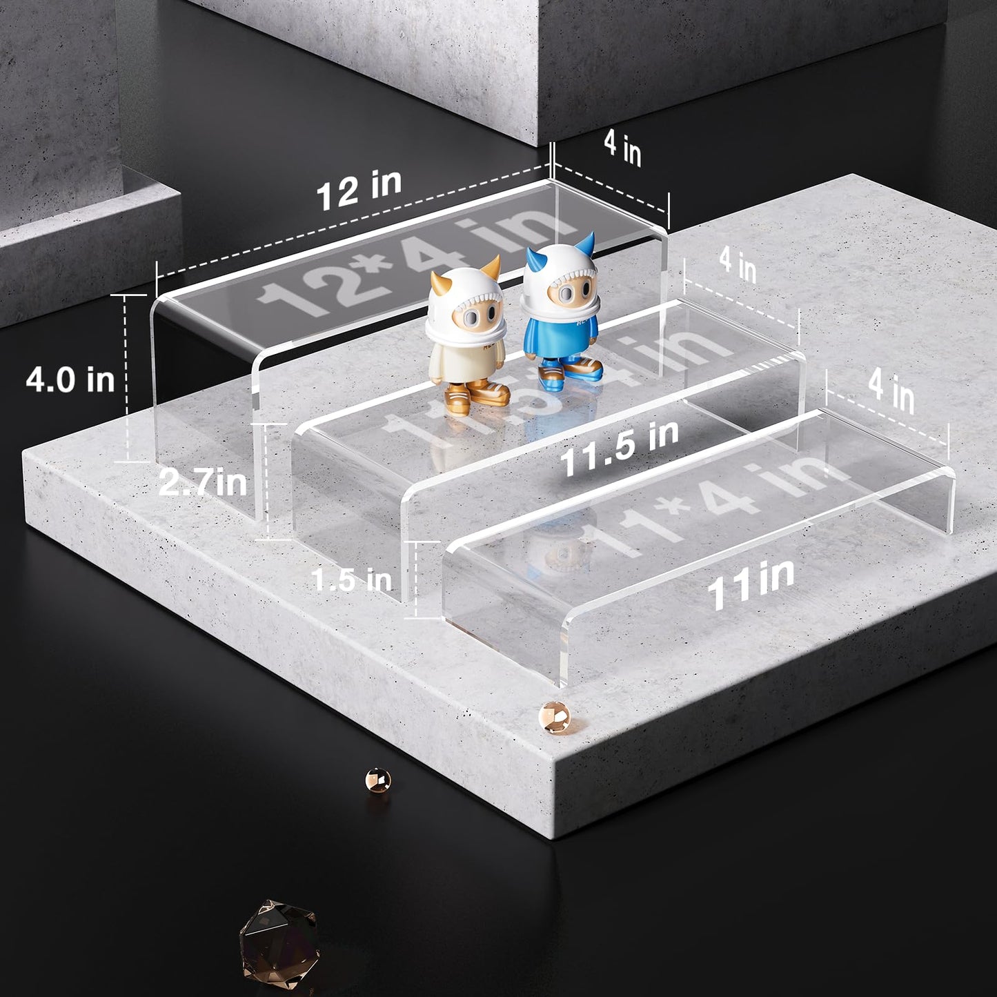 Acrylic Display Risers, 6 Pcs 12" Large Acrylic Risers Stand, 6Pcs 12" Large Acrylic Risers Thickened to 5mm Clear Rectangular Tiered Display Shelf for Cupcake Jewelry Gemstone Curio Figurines Collectibles