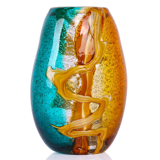 9.8" Hand-Blown Colorful Glass Vase - Green, Blue, Amber, Burnt Orange Decorative Vase for Home Decor - Modern Blue Green Glass for Centerpieces, Weddings, Living Room, Kitchen, Dining, Bedroom Decor