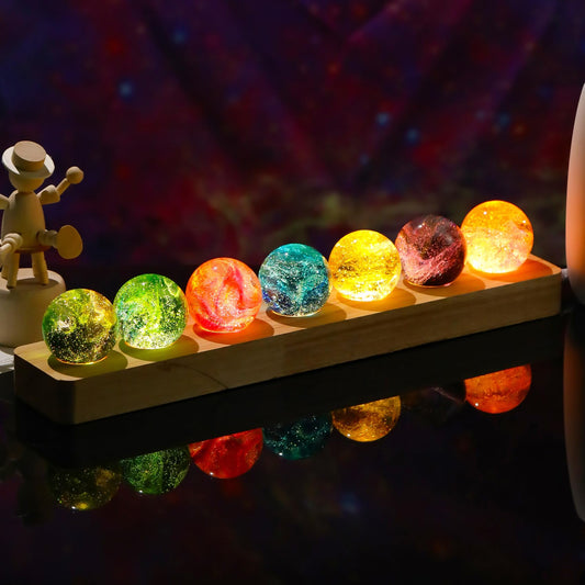 Arikyrist 7 Pcs 40mm Colorful Crystal Glass Chakra Balls Set Decorative Natural Spheres with LED Wooden Base Night Light Decor for Home Wedding, Party Positive Energy Gifts