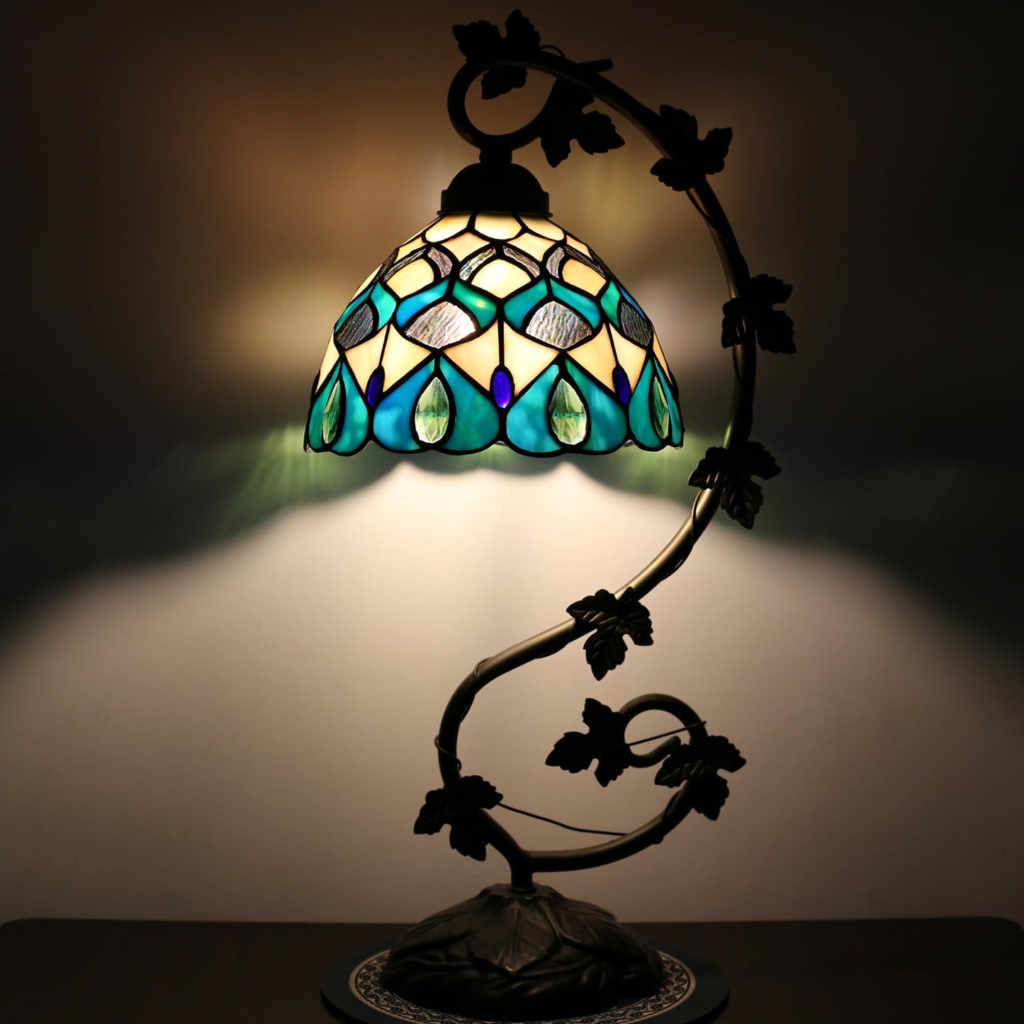ZYLINX Small Tiffany Lamp Stained Glass Desk Light Blue Phoenix Tail Style