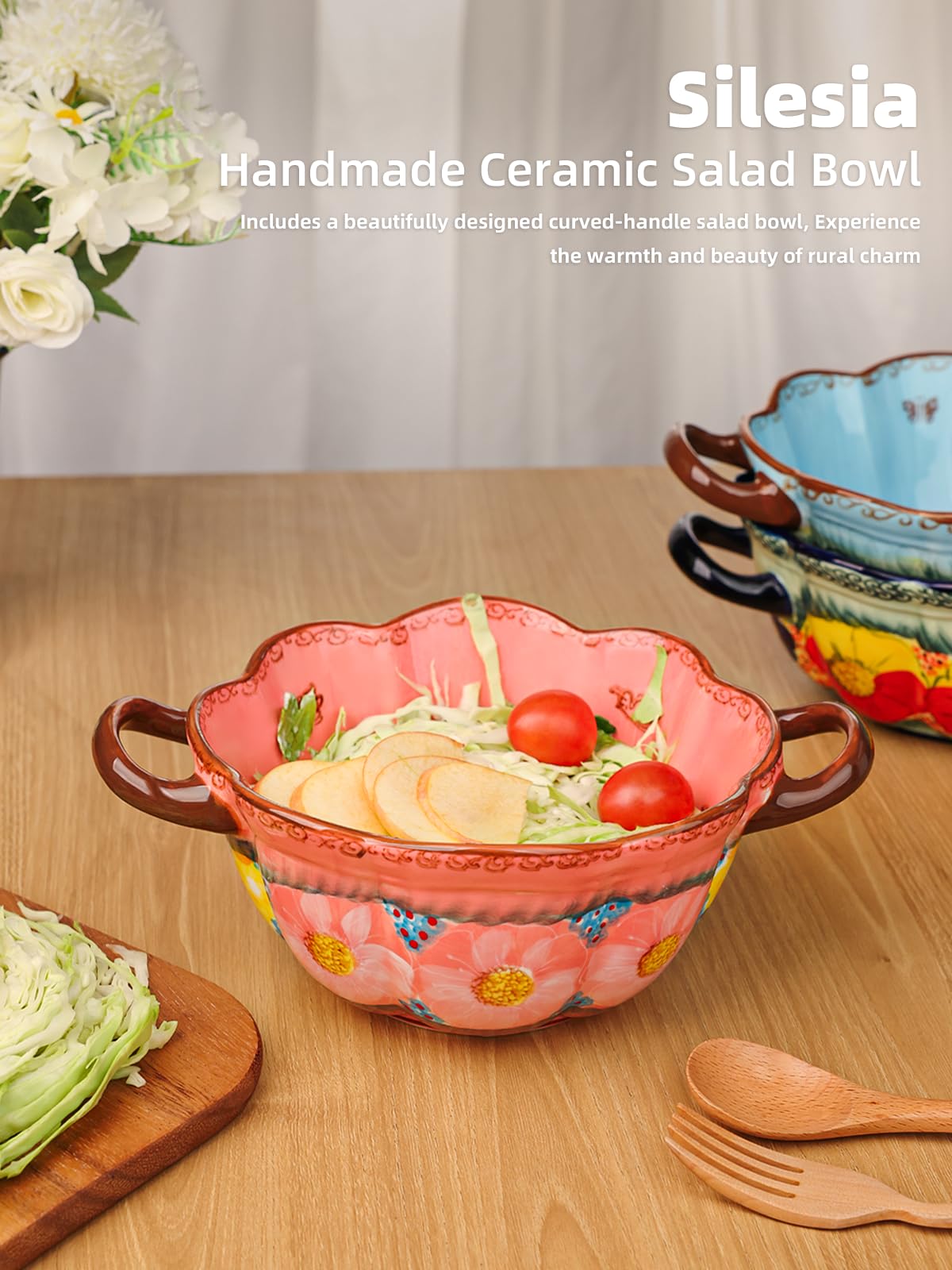 silesia Handmade Salad Bowls with Handles, 45 oz Hand-Painted Serving Bowl, Large Ceramic Crocks for Soup, Pasta, Stew, Microwave & Dishwasher Safe, Kitchen Decor Gift (Glazed Pink)