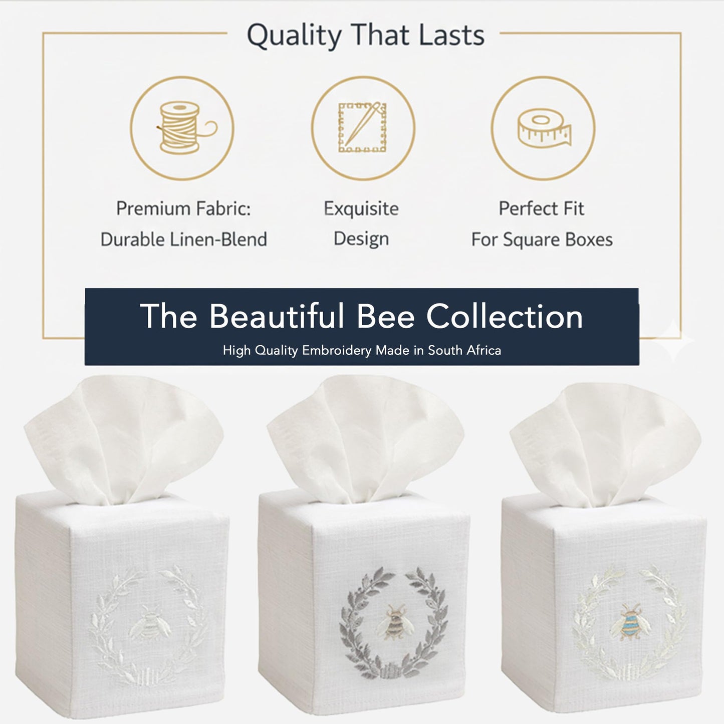 Jacaranda Living Square Tissue Box Cover, Linen/Cotton Fabric Tissue Holder, Decorative Cloth Tissue Cube Cover, Embroidered Bee Designs, Napoleon Bee Wreath (White)