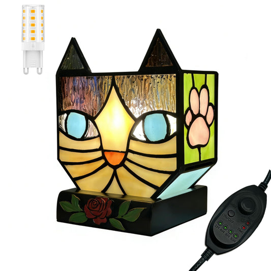 Entlityful Stained Glass Cat Lamp, Tiffany Style Table Lamp with 24H Cycle Timer, Small Table Lamp with Dimmable Timing Function, Cat Gifts for Women,Cat Lovers,Cat Remembrance Gifts