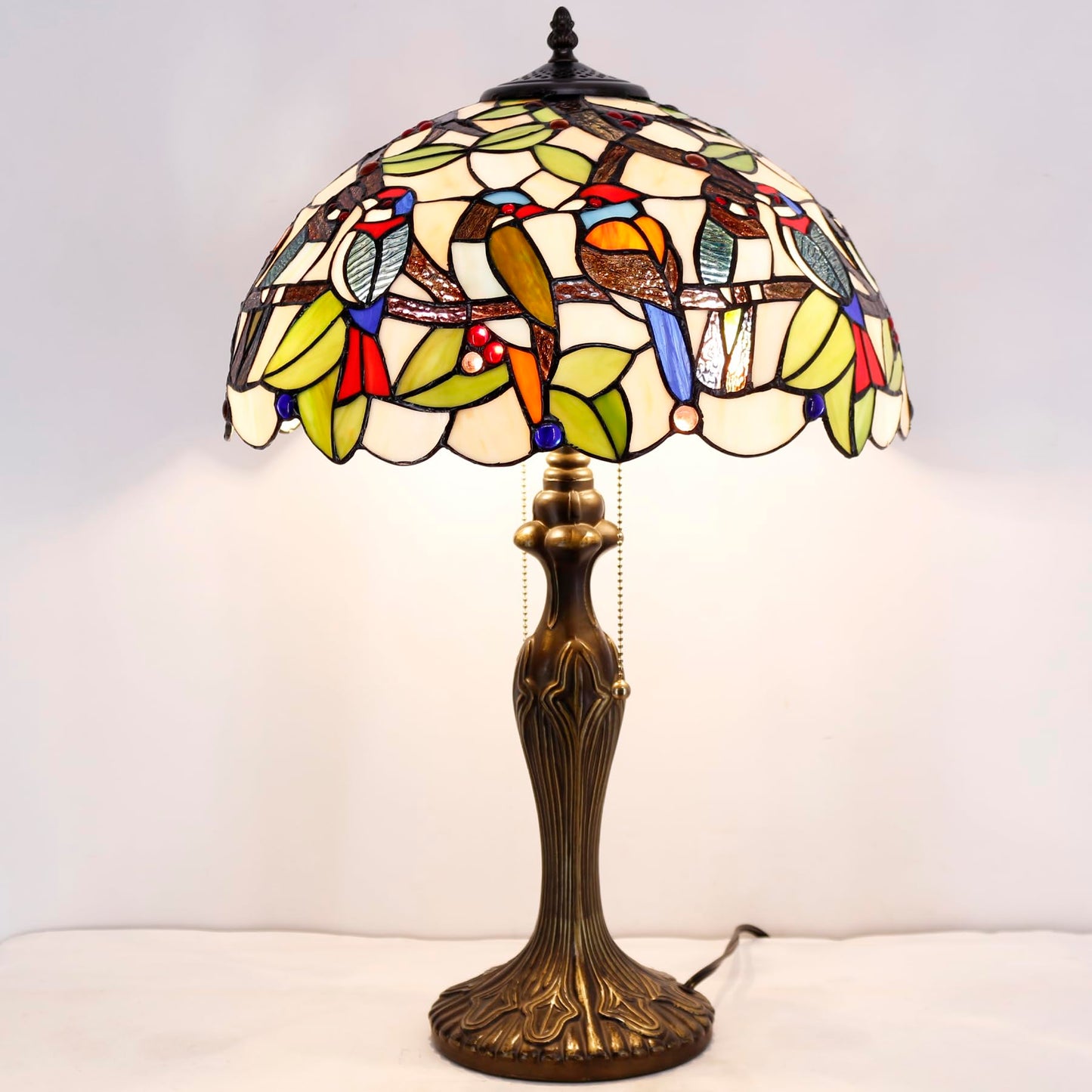 WERFACTORY Tiffany Table Lamp Colorful Stained Glass Birds Bedside Lamp 24"