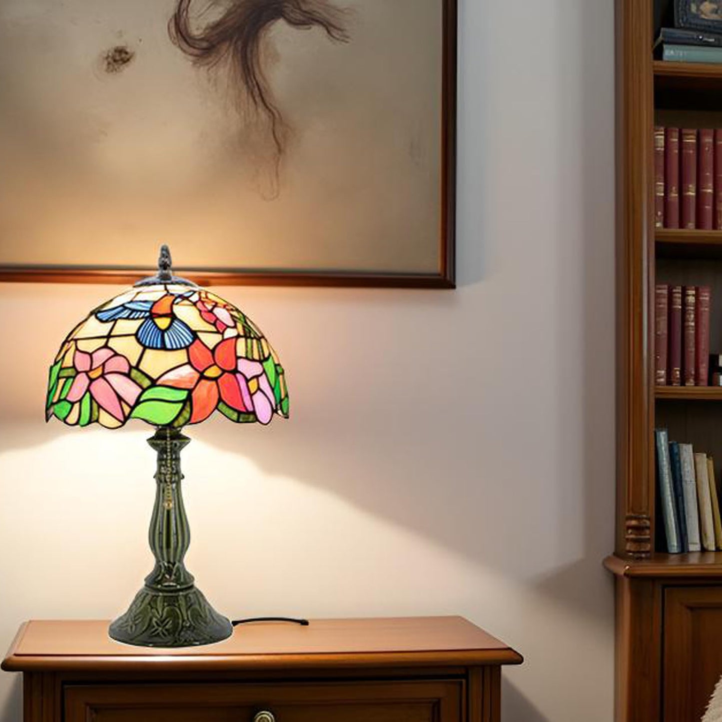 MQYXH Tiffany Style Stained Glass Table Lamp 18.5 Inch - Blue Hummingbird