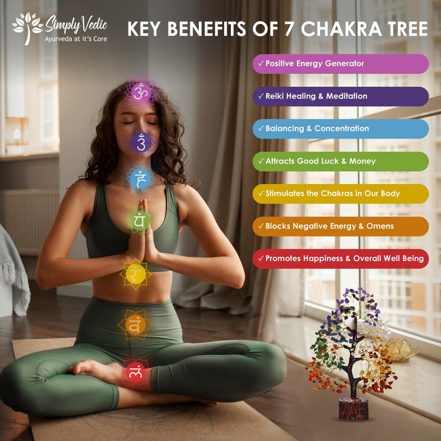 Simply Vedic 7 Chakra Healing Crystals Tree of Life, Natural Healing Gemstones Handmade Bonsai Tree for Positive Energy, Good Luck Money Wealth Vastu Reiki Feng Shui| Office Home Decor, Spiritual Gift