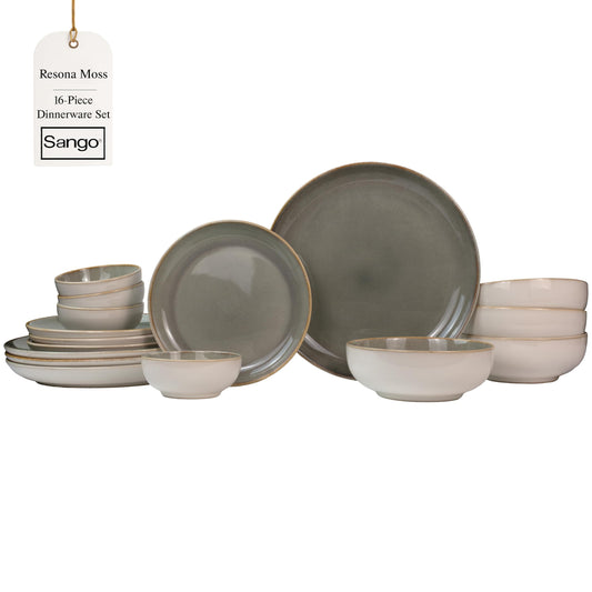 Sango 16-Piece Stoneware Dinnerware Set for 4, Glossy Cream/Green Big Dinner Plates and Bowls Sets with Reactive Glaze, Ceramic Dish Set, Modern Dishes, Microwave & Dishwasher Safe, Resona Moss