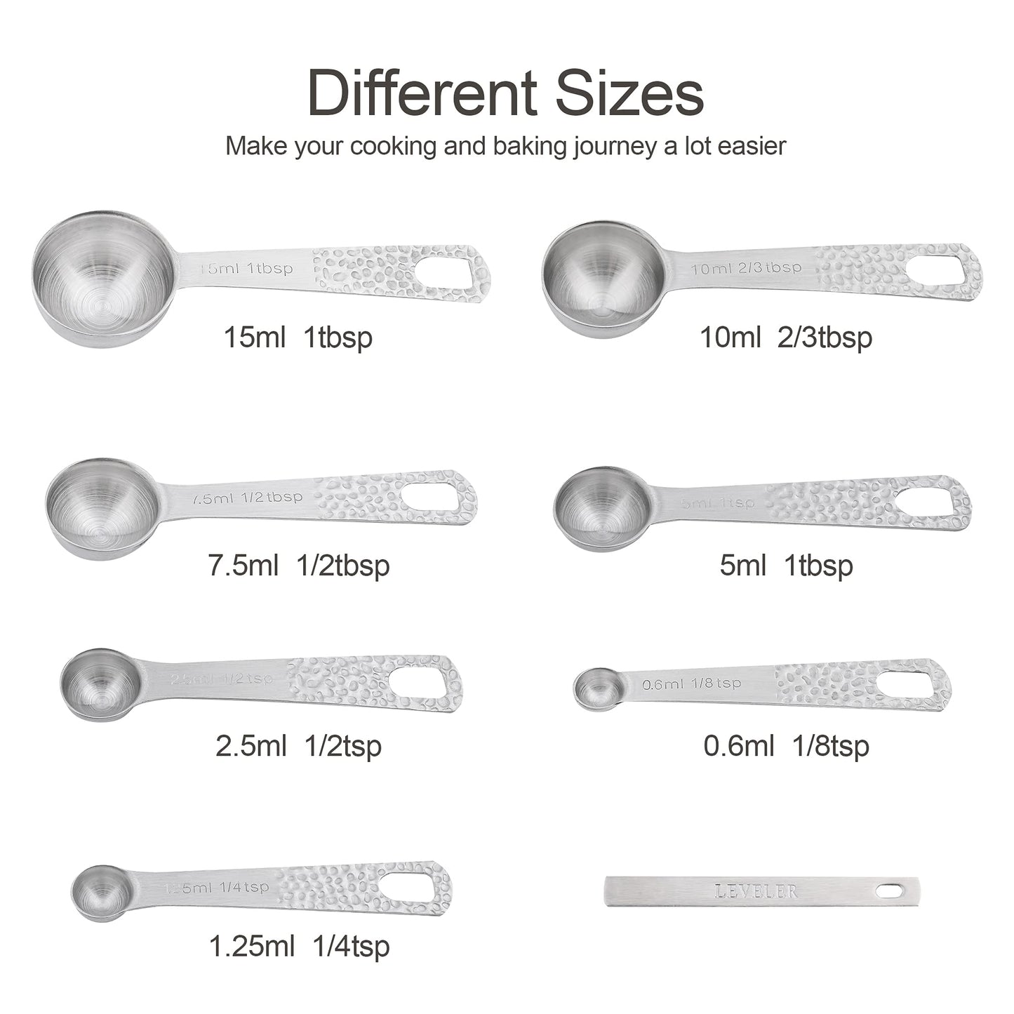Hotsyang Measuring Spoons Set, 18/8 Stainless Steel Measuring Spoons Set for Dry&Liquid, Metal Metric & US Measuring Spoon with 1 Leveler and Locking Ring for Kitchen & Baking