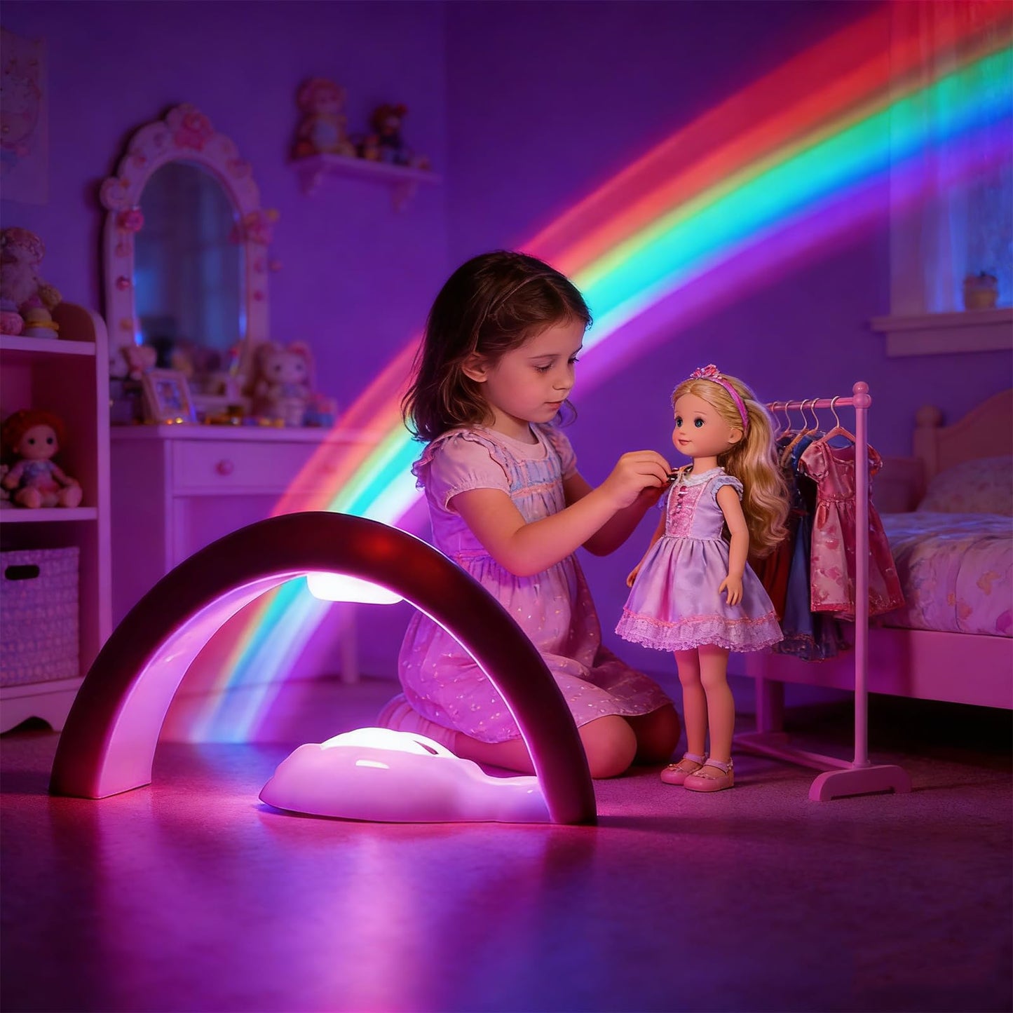 Rainbow Projector Night Light for Kids Bedroom, USB/ Battery Powered LED Rainbow Lamp with 10-Min Auto-Off Sleep Timer, Rainbow Projection Signs Wall Decor Birthday Gifts for Girls Boys Toddler