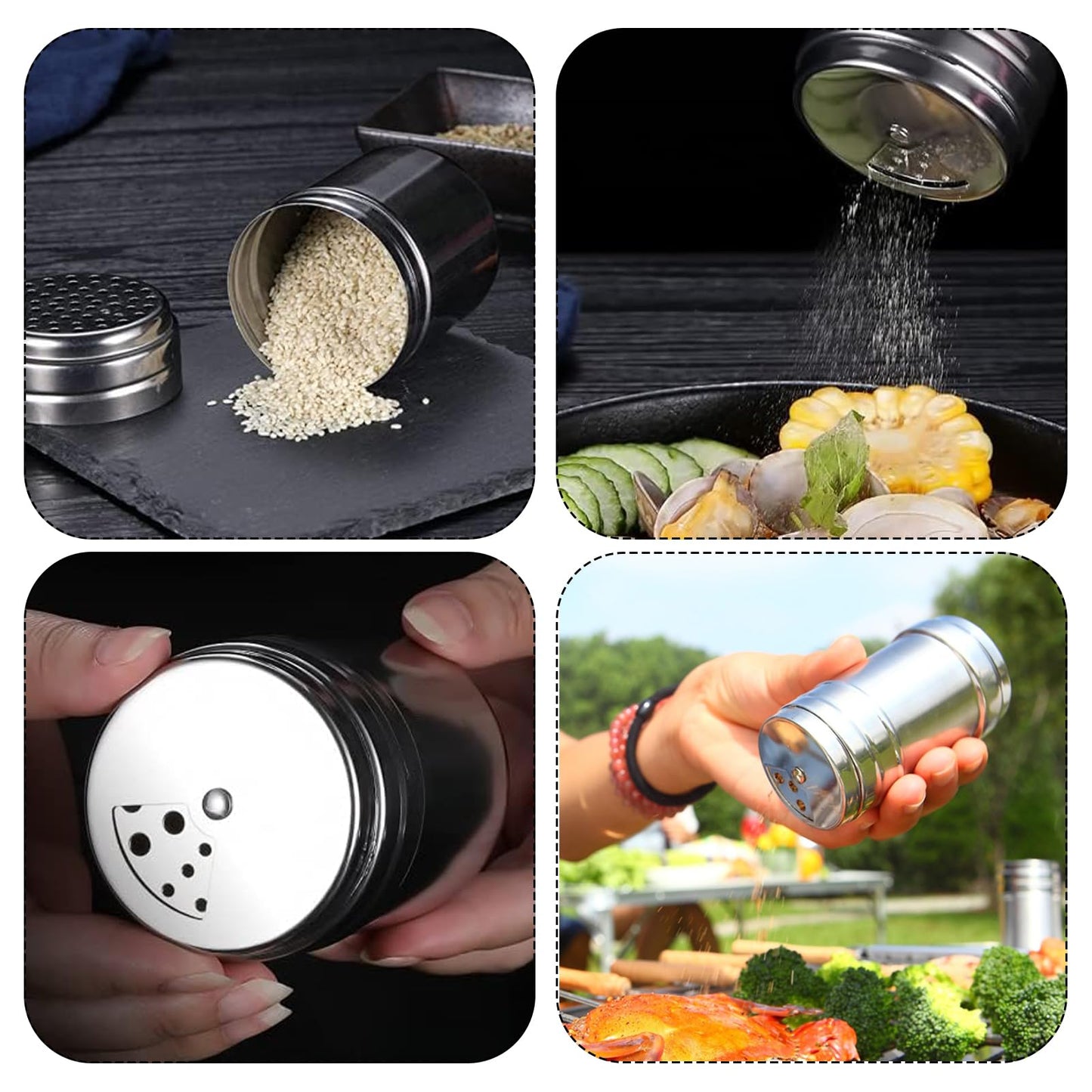 Stainless Steel Portable Seasoning Shaker Mini Salt Pepper Shaker with Sealed Leak proof Swivel Lid Ideal for Camping BBQ Kitchen Traveling with Salt Pepper Chili Sauce