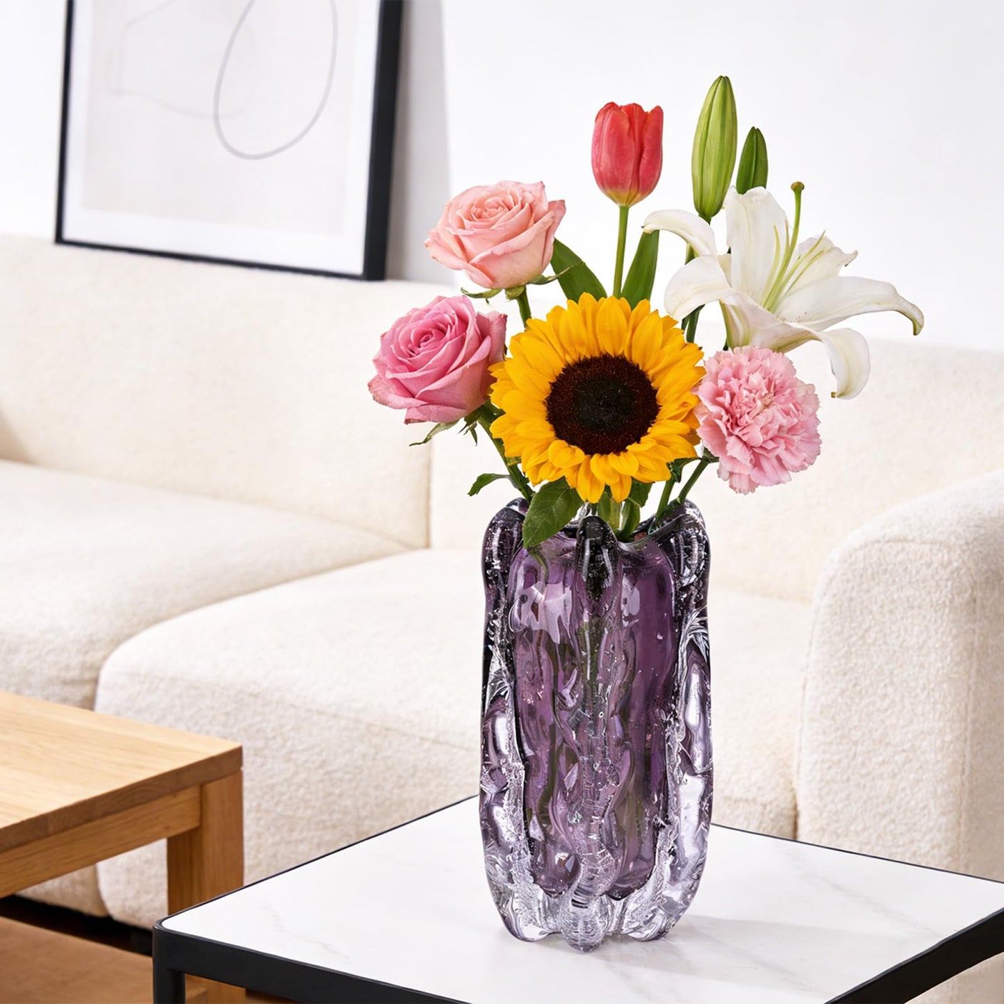 Hand-Blown Art Glass Vase, Modern Ripple Texture Decorative Vase (Purple), Unique Wide-Mouth Glass vase, Table Centerpiece for Home Office Wedding Living Room (Purple, L)