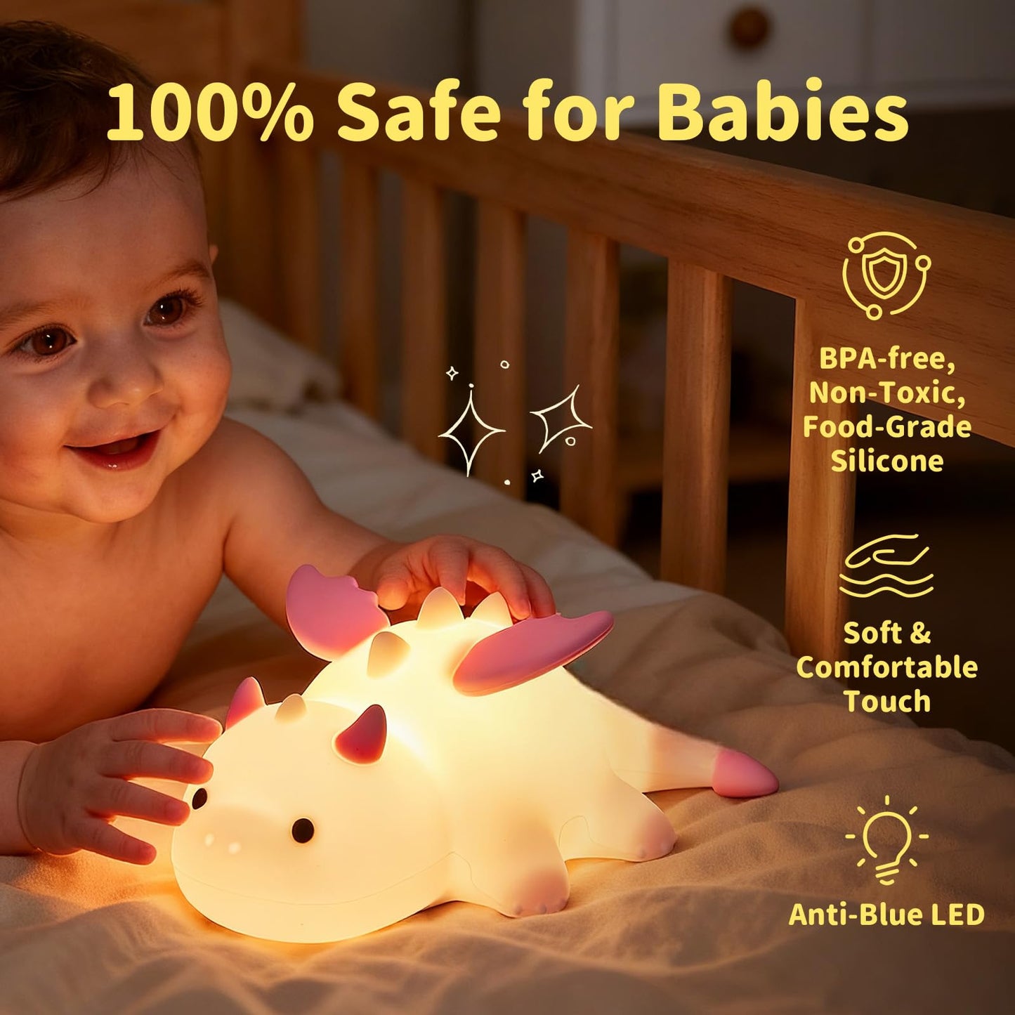 Myzztek Dinosaur Lamp Pink for Kids Room, Pat Control Dragon Light for Breastfeeding, Silicone Night Light Nursery Bedside Lamp, Rechargeable Pat Light w/RGB Mode for Bedrooms/Living Room/Decor/Gift