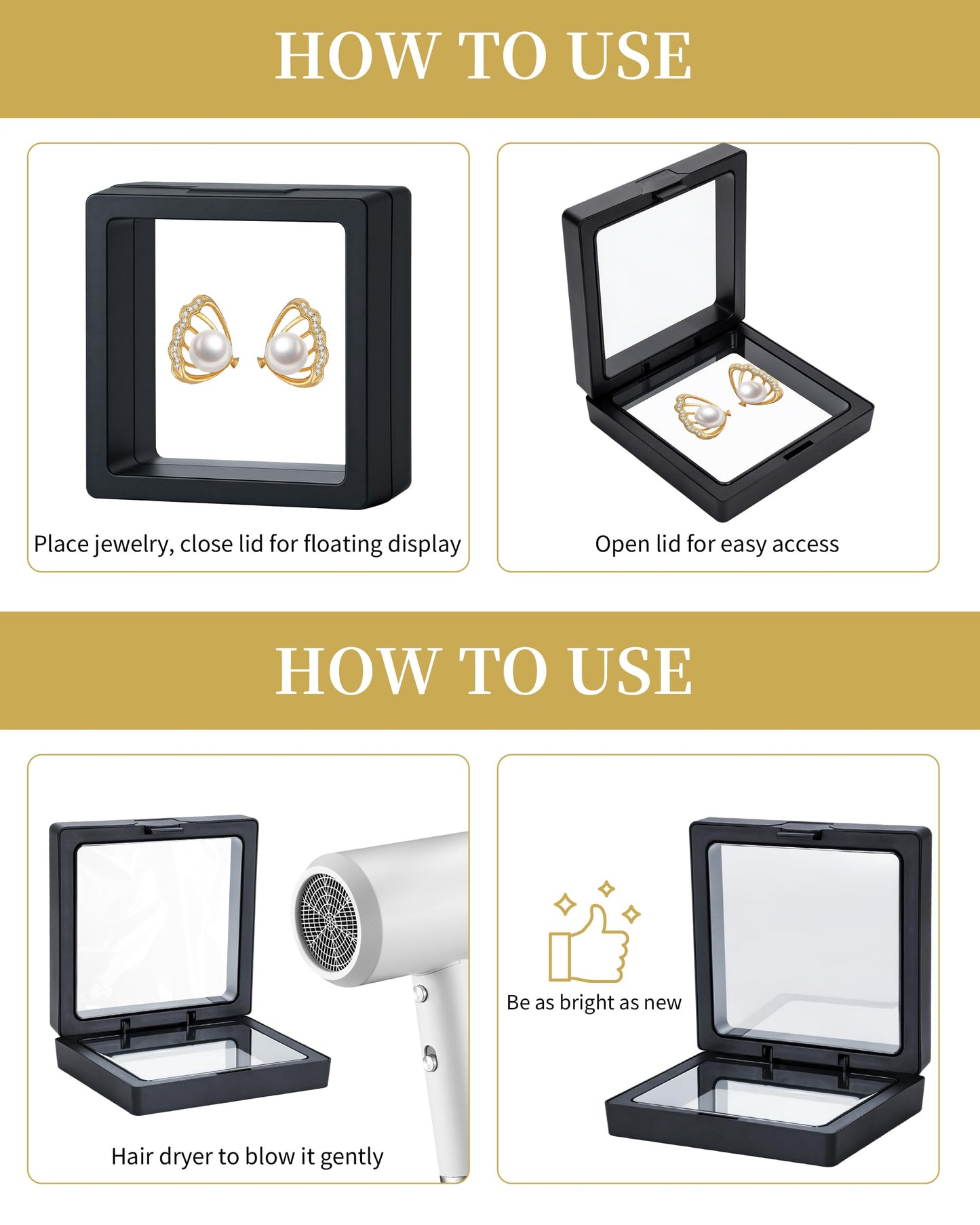 24 Pcs Black 3D Floating Case 2.8 x 2.8 x 0.8 Inch, Clear PE Film Shadow Box with Stands for Antique Coins, Jewelry, Shells, Gems, Minerals, Rocks, Pins & Specimens