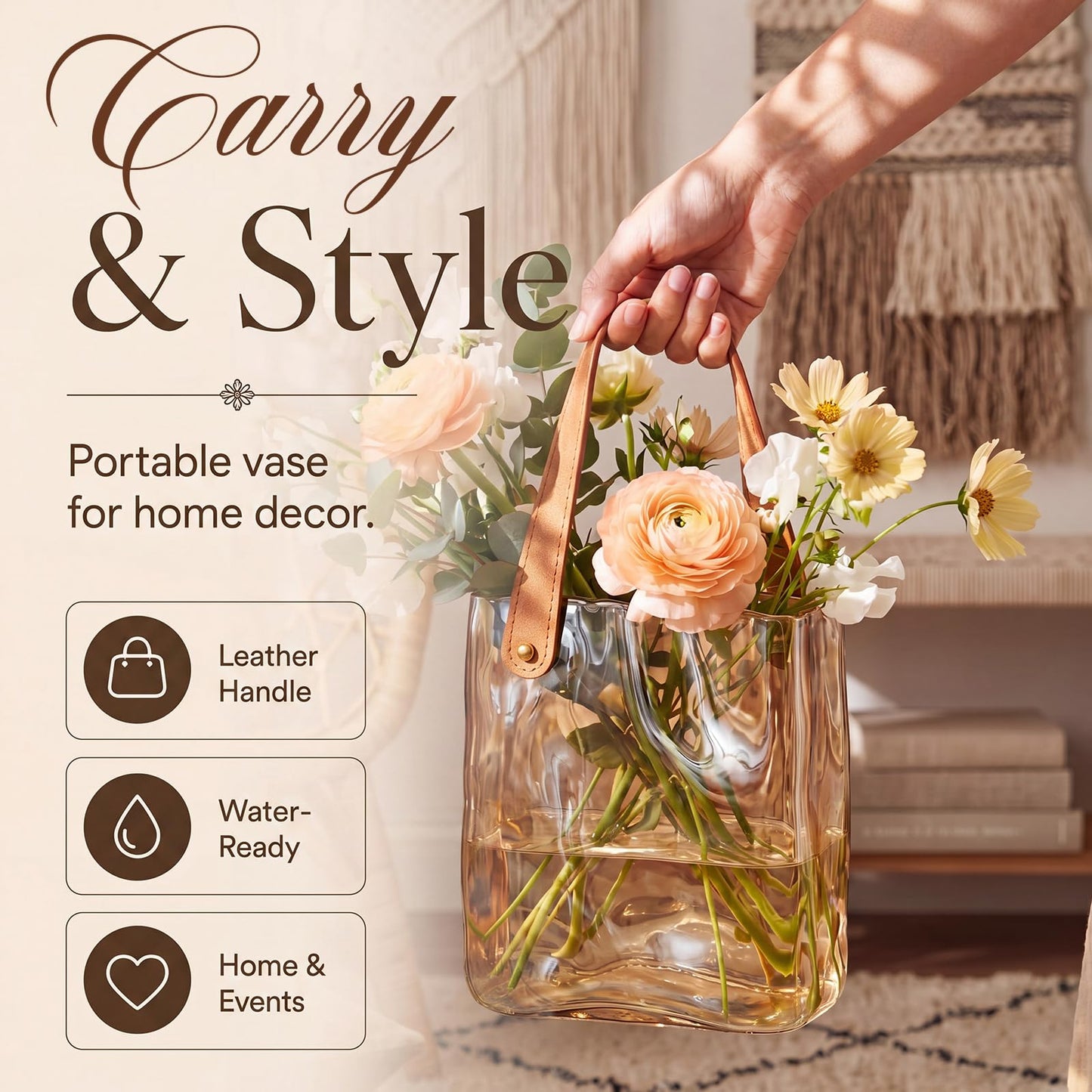 Amber Glass Purse Vase with Leather Handle, 7.5x6.7 Inch Cute Handbag Shape Flower Vase, Decorative Glass Vases for Flowers, Fish Bowl Centerpiece for Living Room, Dining Table, Wedding Decor