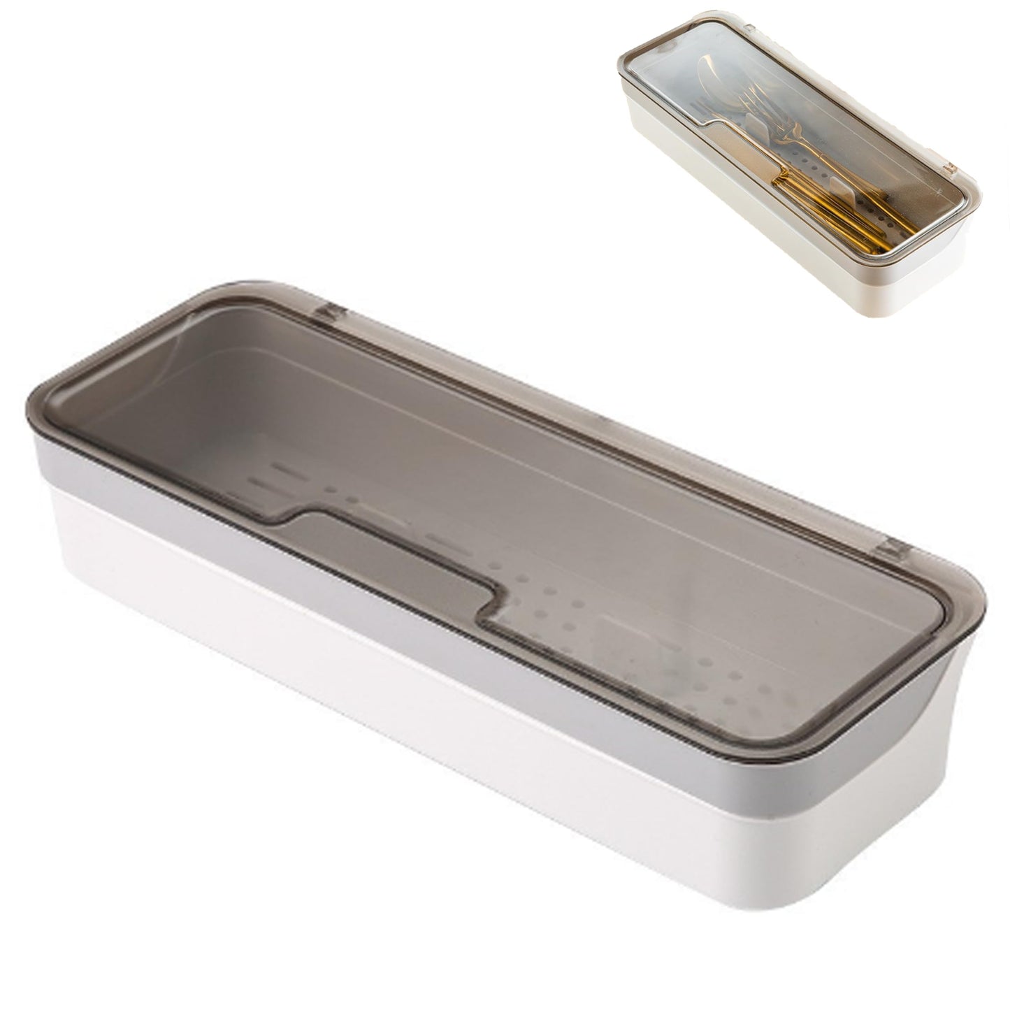 Fjxxxn Large Kitchen Drawer Organizer with Lid, 12.6 Inch，Stackable Utensil Holder with Drainer for Silverware & Cooking Tools, Countertop or Drawer Storage Tray