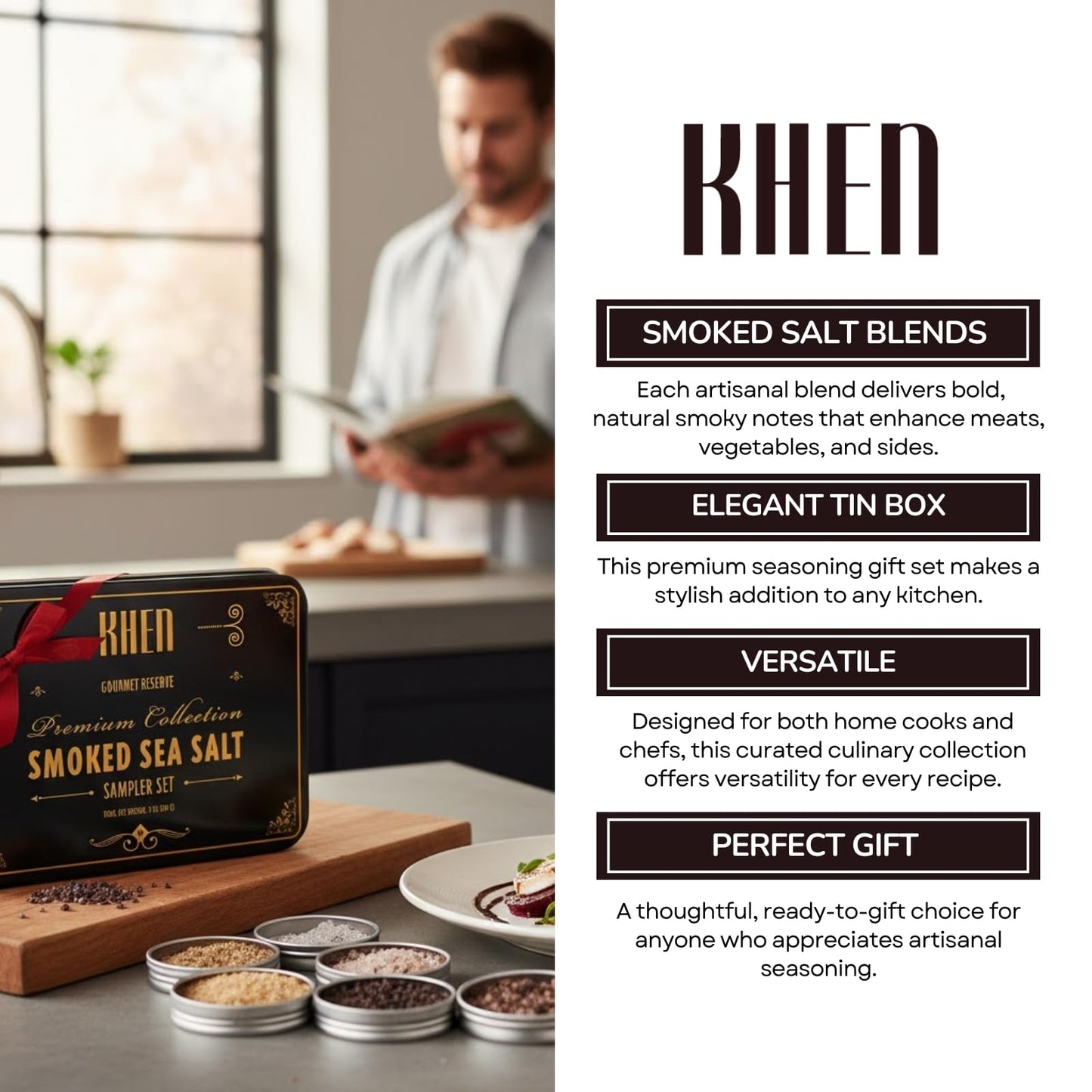 Smoke & Flame Sea Salt Gift Set of 6 – Gourmet Chefs Smoked Finishing Seasoning Variety Pack - Tin Gift Box | Sampler Cooking, Grilling & Baking | Assorted Natural Blends Foodies & Special Occasions