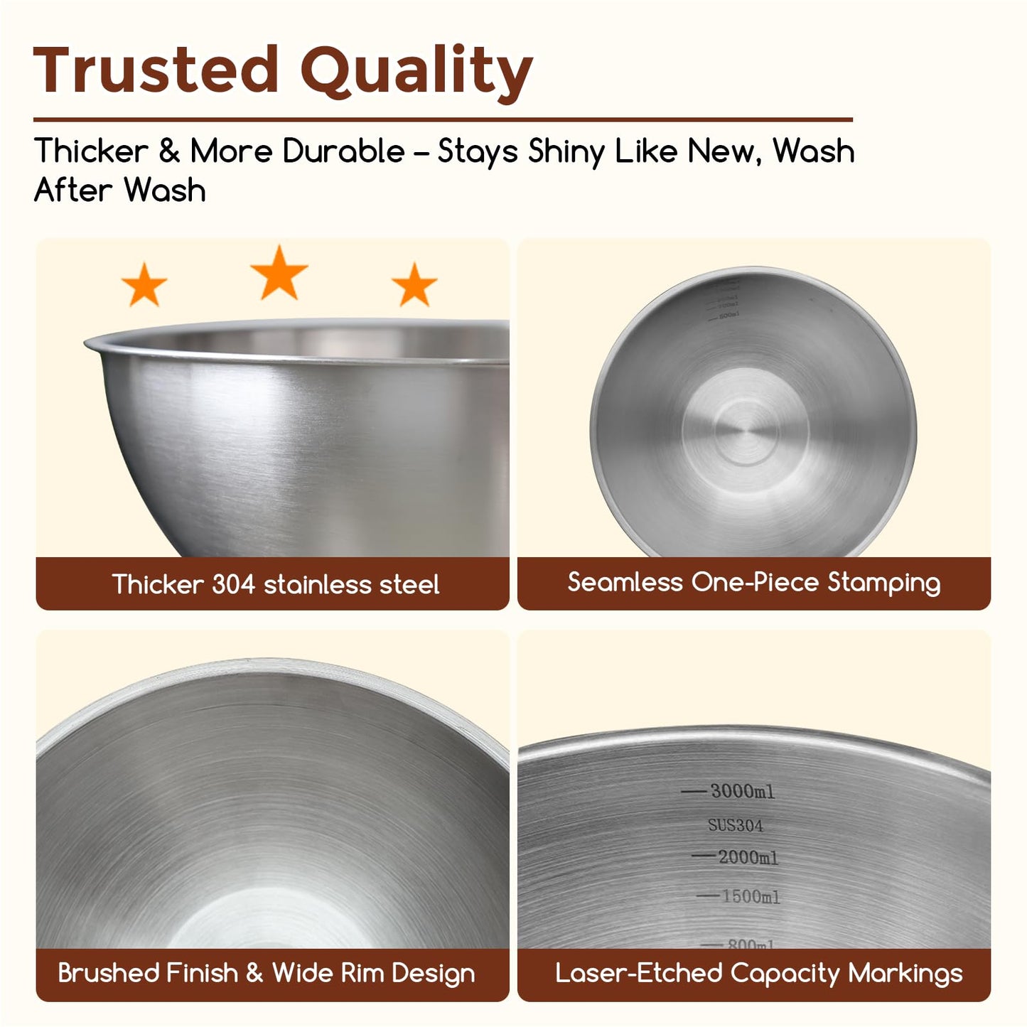 Gronivex 304 Stainless Steel Mixing Bowls, 3-Piece (1.5, 2.2 & 3.4 Qt)
