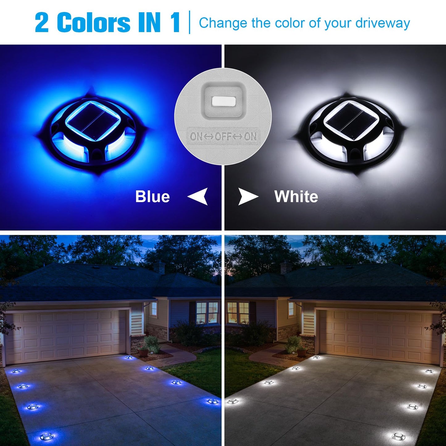VOLISUN Solar Driveway Lights Dock Marine Lights 4 Pack,2 Colors in 1,Outdoor LED Deck Light,Solar Powered Waterproof Warning Step Light for Driveway Sidewalk Pathway (Blue/White),Saltwater Resistant
