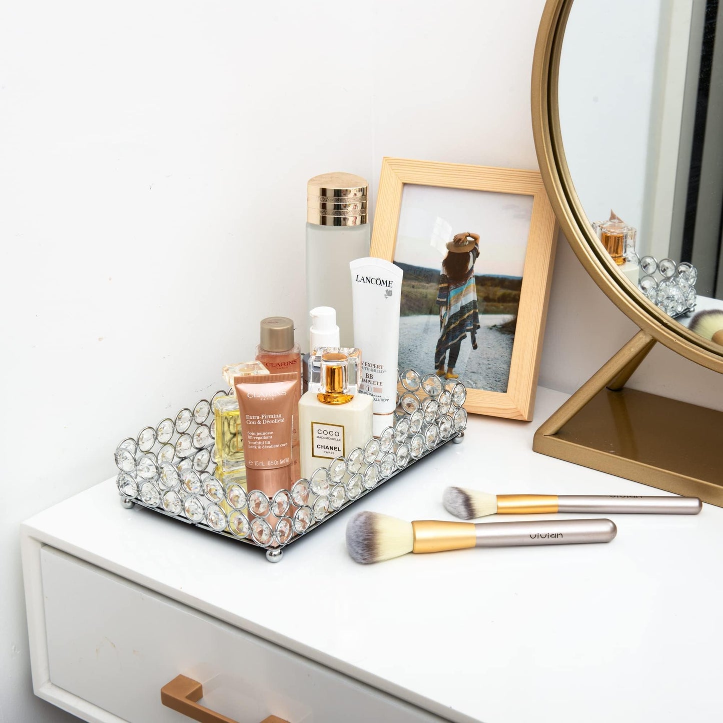 Feyarl Crystal Perfume Tray Cosmetic Makeup Vanity Tray Jewelry Trinket Rings Earrings Organizer Decorative Tray Storage for Home Deco Wedding Dresser Coffee Tabletop Girl Women Gift(10" x 6 "Silver)