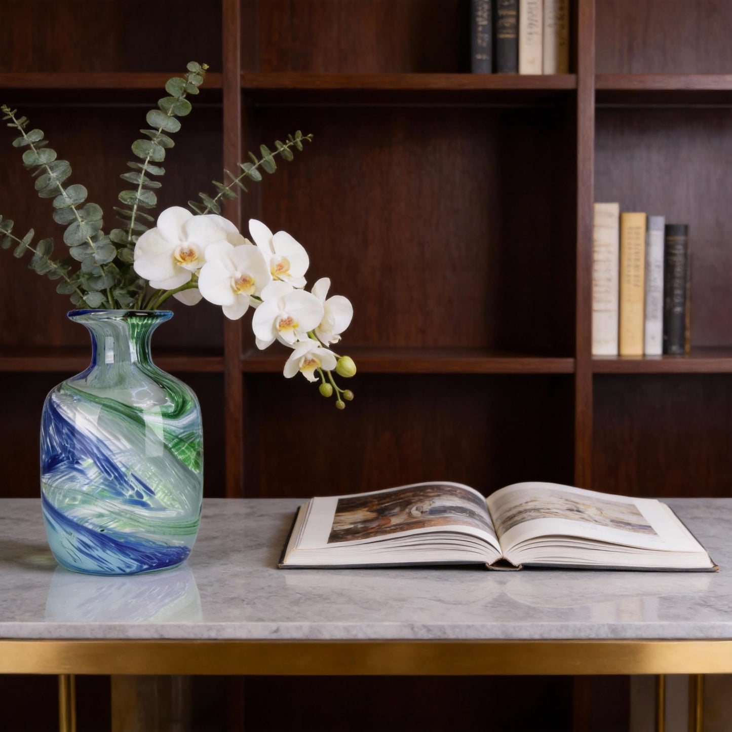 Hand-Blown Glass vase, Bluegreen Decorative vase, Modern Glass Art Piece, Ideal for Centerpiece Display in Living Rooms, Dining Tables, Offices, bathrooms, Coffee Tables, or entryway Decor.