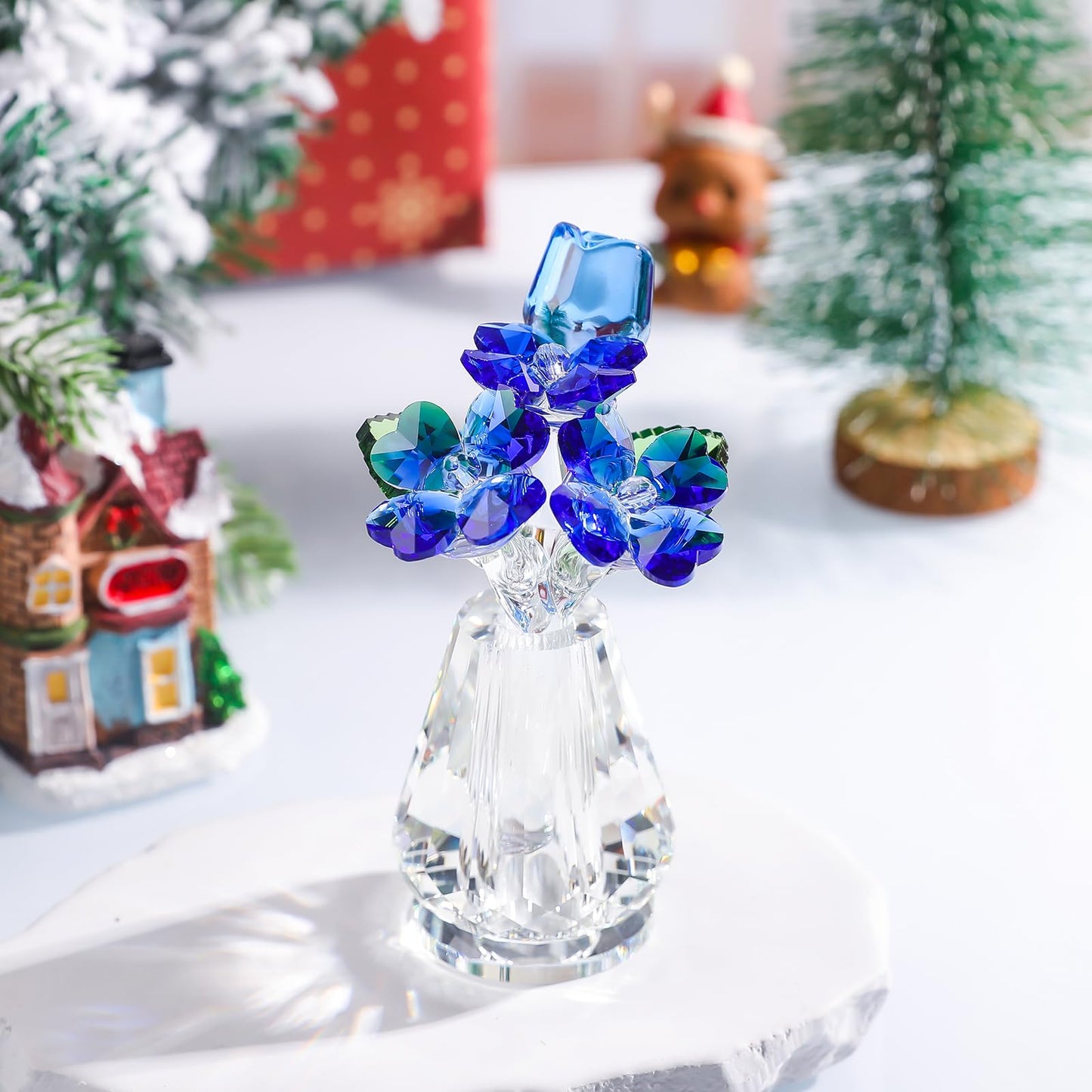 Crystal Rose Flower Figurine with Vase, Handmade Glass Flower Gifts for Woman, Wedding Gifts for Wife, Home Party Decorations (Blue)